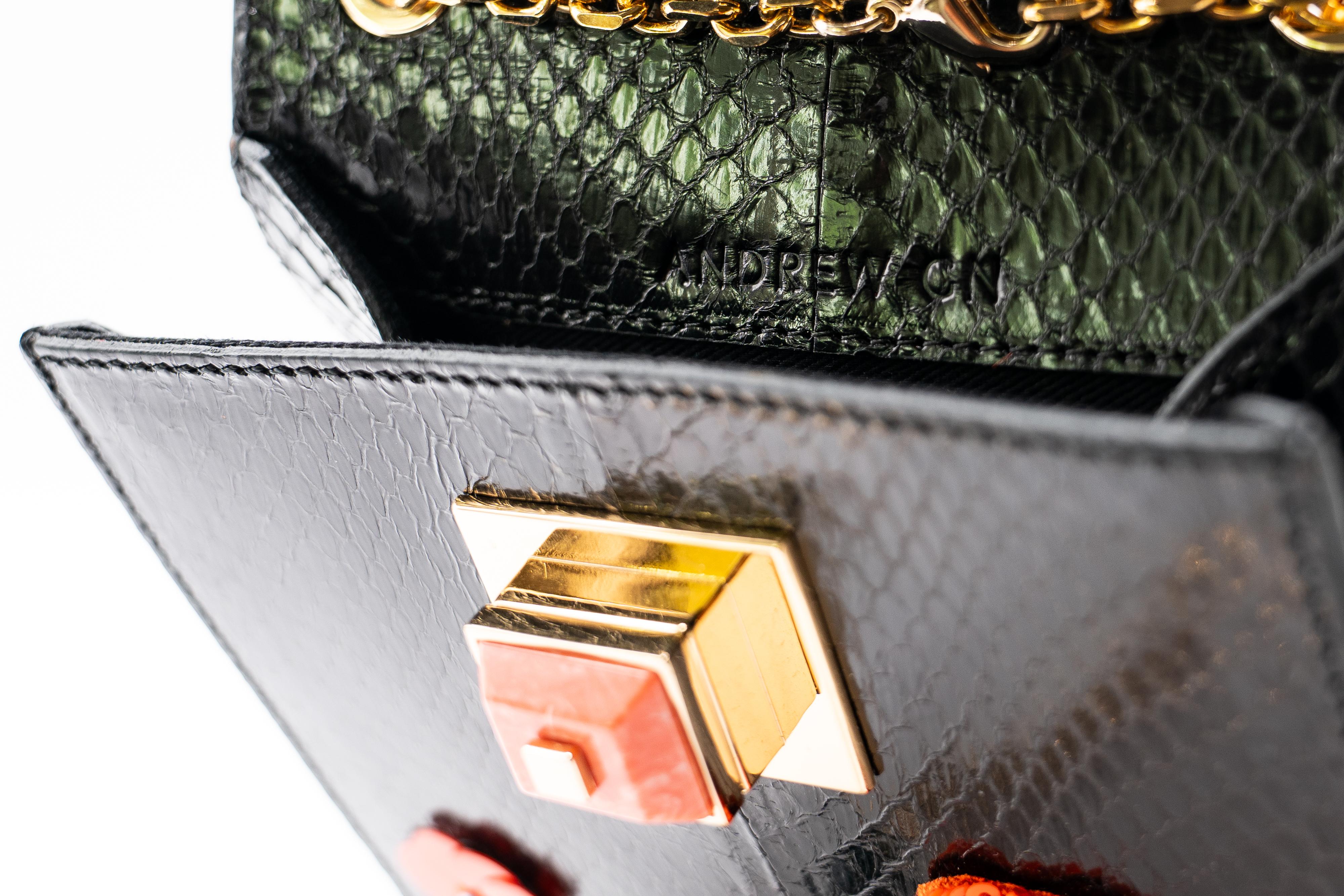 Andrew Gn Black Snakeskin Pocket Bag Beaded Appliqués & Semi-Precious Stones For Sale 7