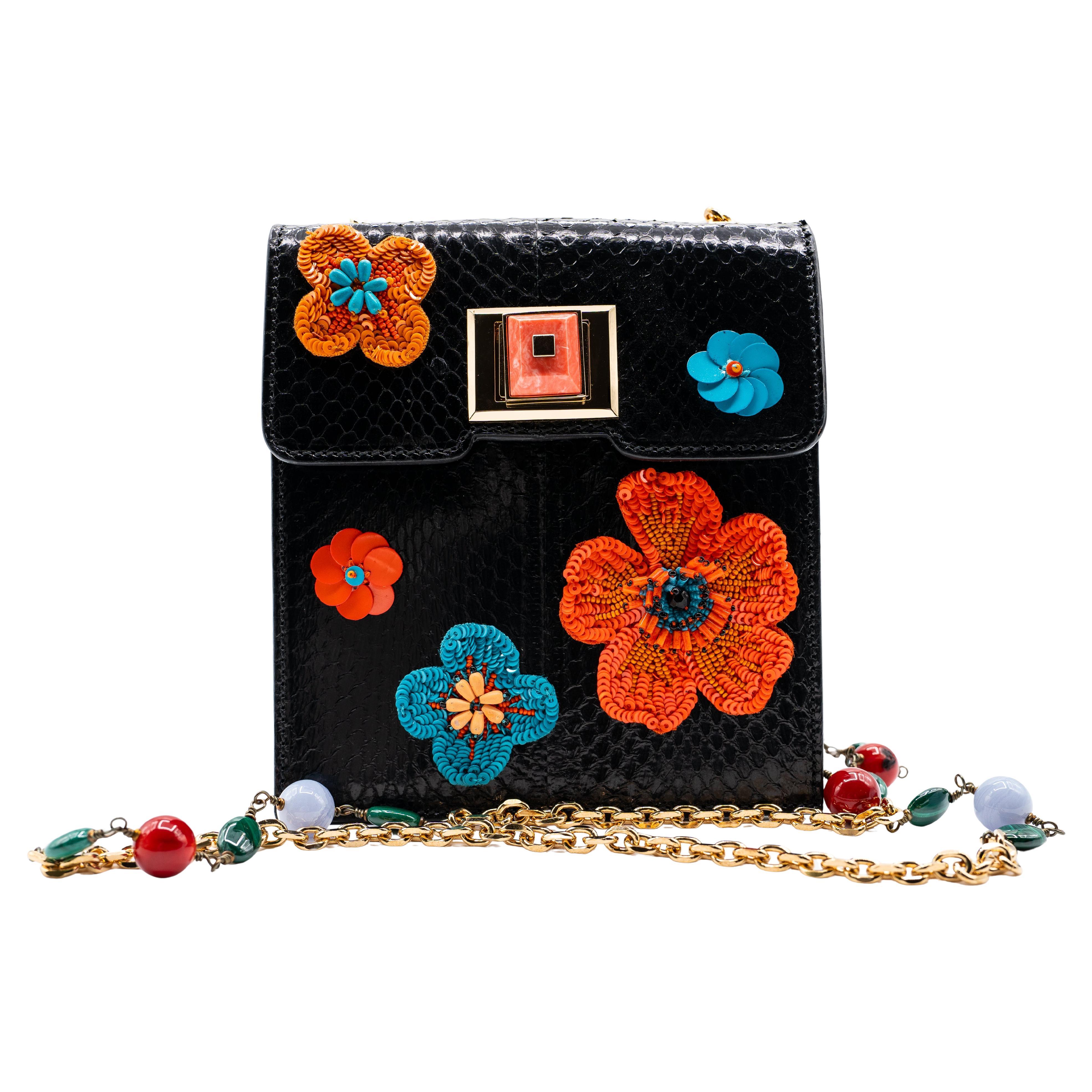 Andrew Gn Black Snakeskin Pocket Bag Beaded Appliqués & Semi-Precious Stones In Excellent Condition For Sale In Boca Raton, FL