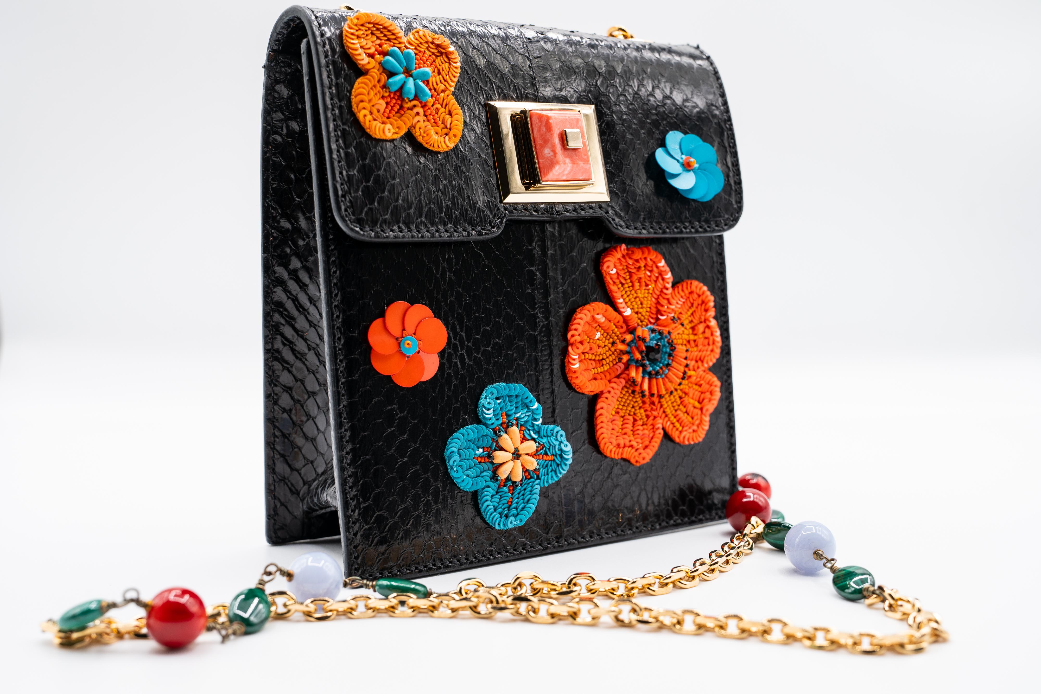 Women's or Men's Andrew Gn Black Snakeskin Pocket Bag Beaded Appliqués & Semi-Precious Stones For Sale