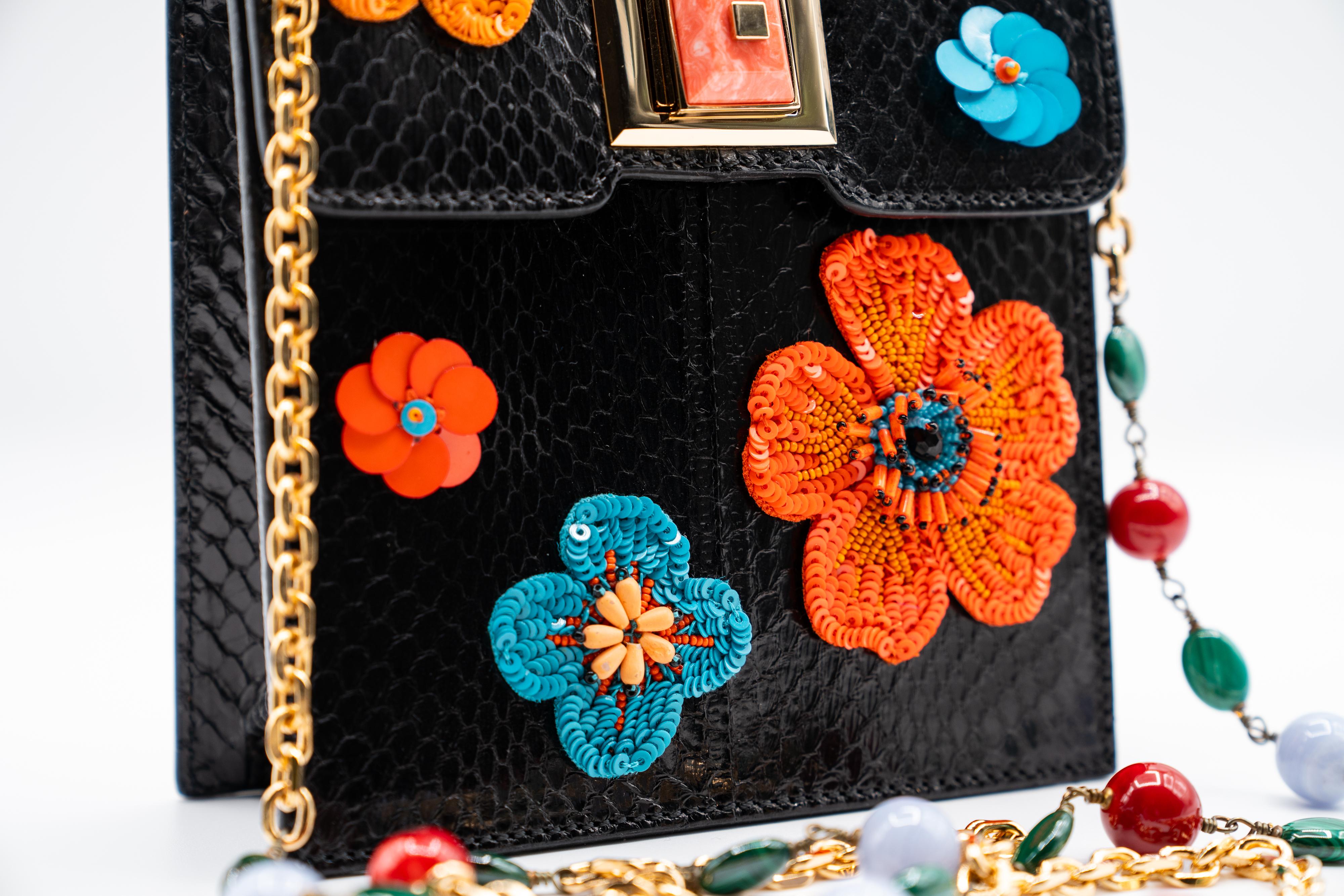 Andrew Gn Black Snakeskin Pocket Bag Beaded Appliqués & Semi-Precious Stones For Sale 1