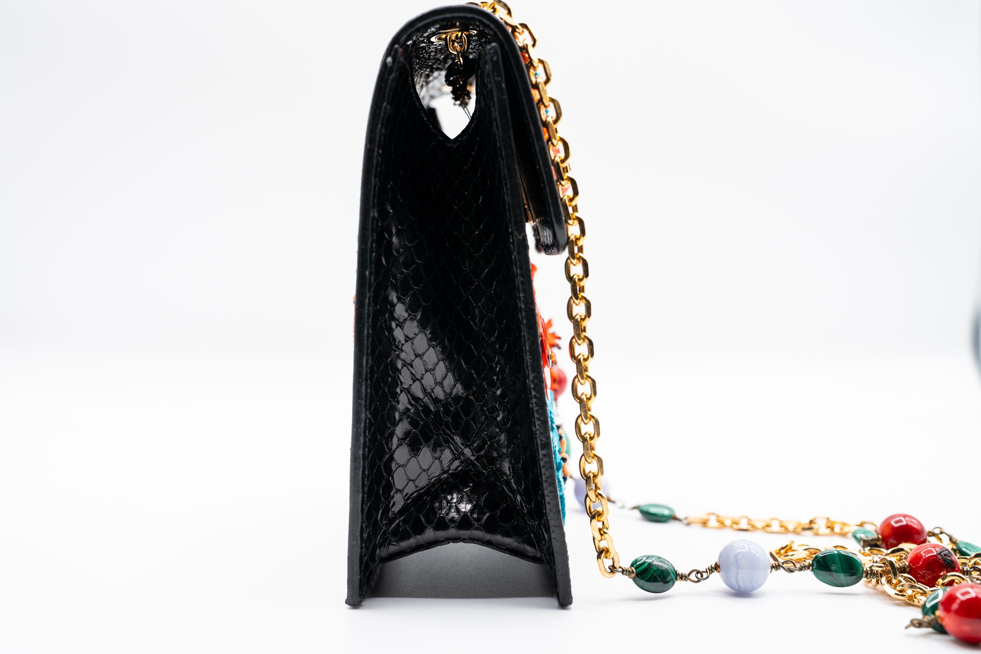 Andrew Gn Black Snakeskin Pocket Bag Beaded Appliqués & Semi-Precious Stones For Sale 2