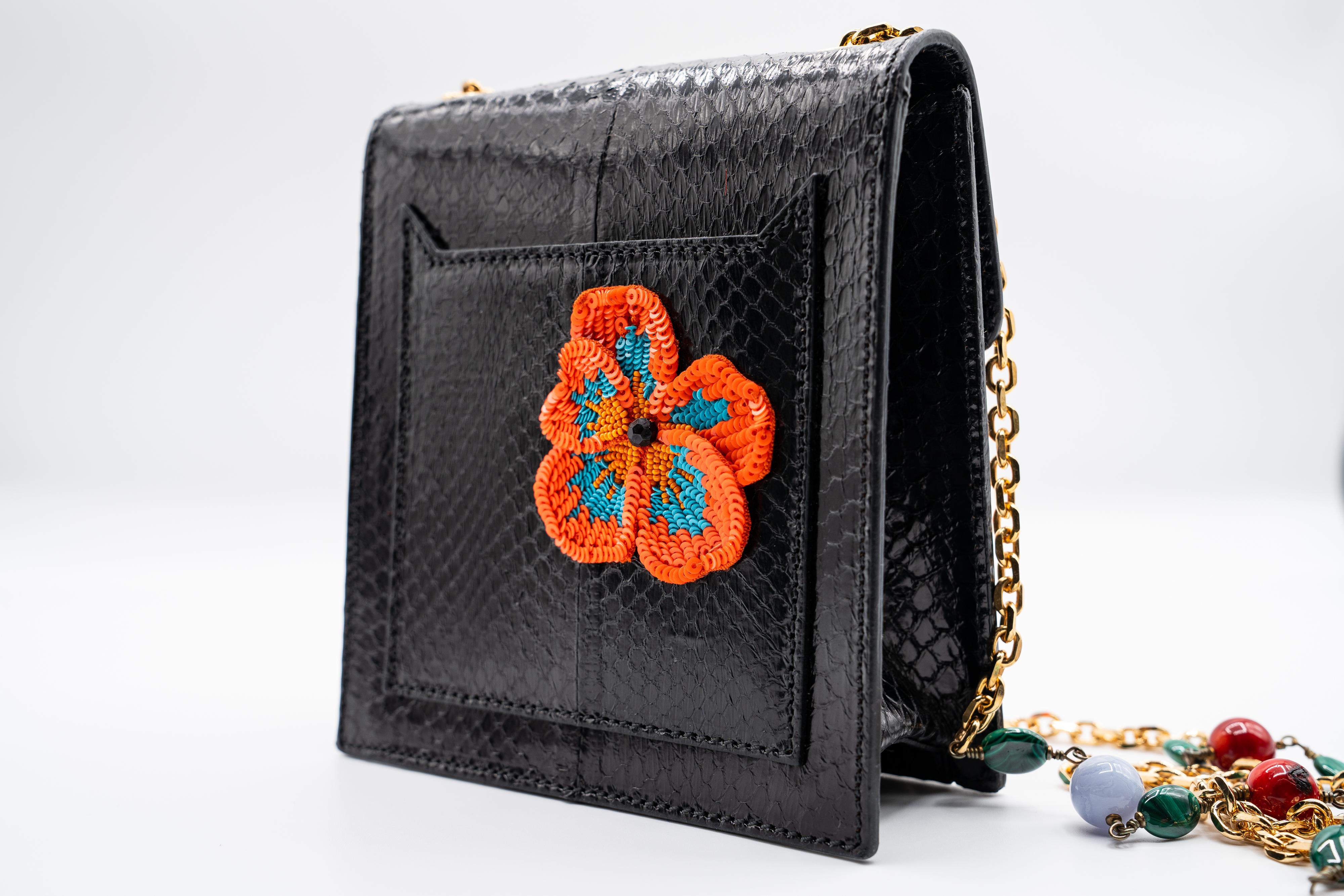 Andrew Gn Black Snakeskin Pocket Bag Beaded Appliqués & Semi-Precious Stones For Sale 3