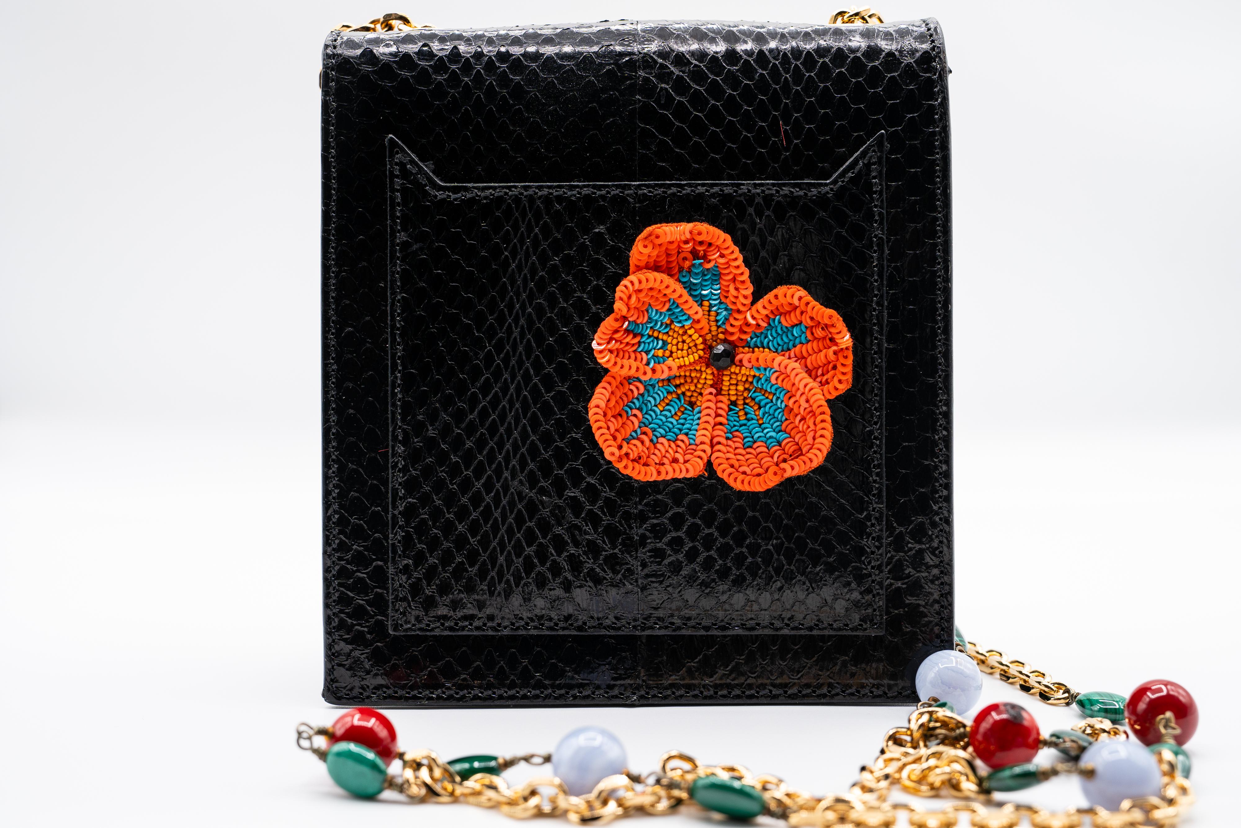 Andrew Gn Black Snakeskin Pocket Bag Beaded Appliqués & Semi-Precious Stones For Sale 4