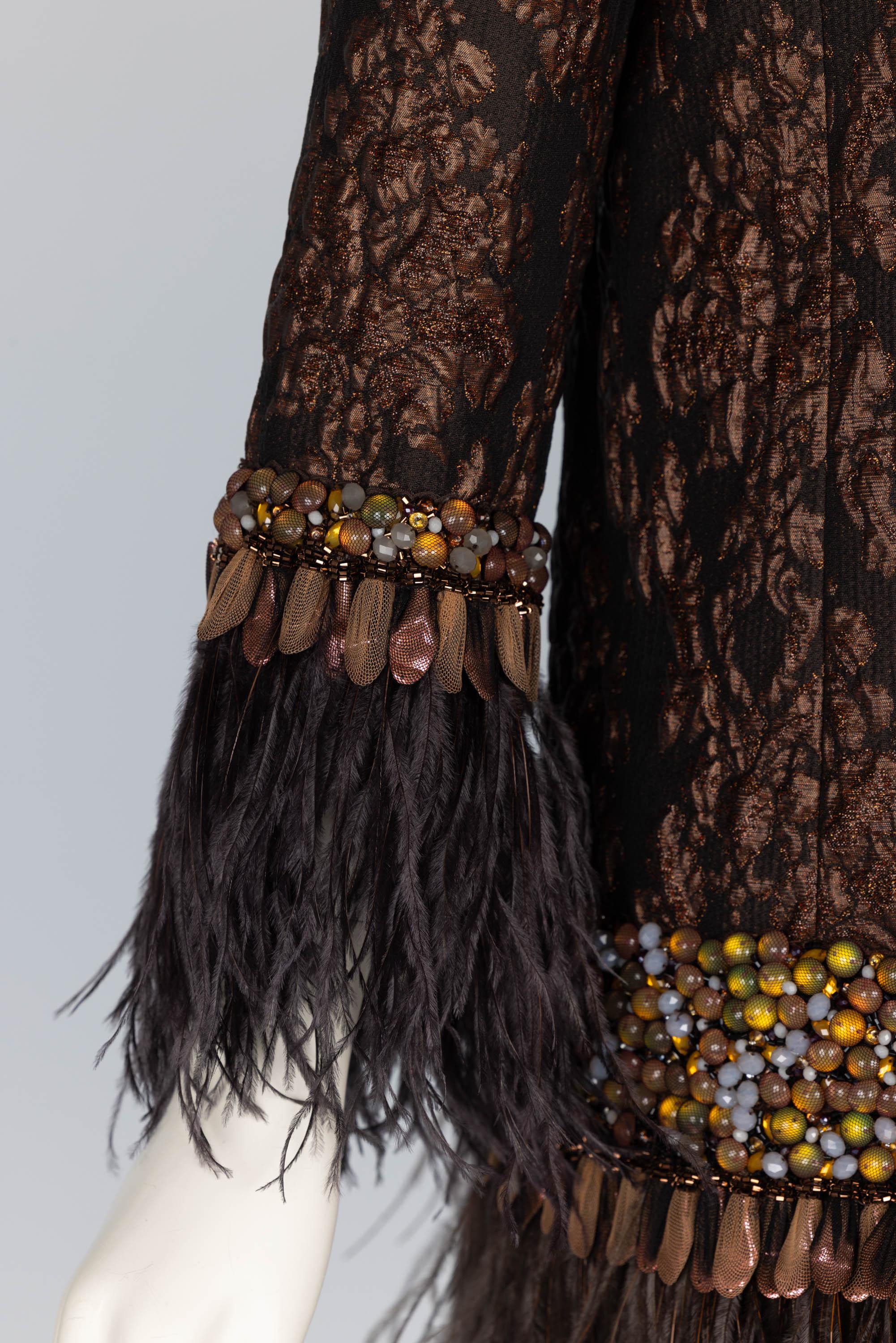 Andrew GN Brown Brocade Feather and Jewel Embellished Coat For Sale 5