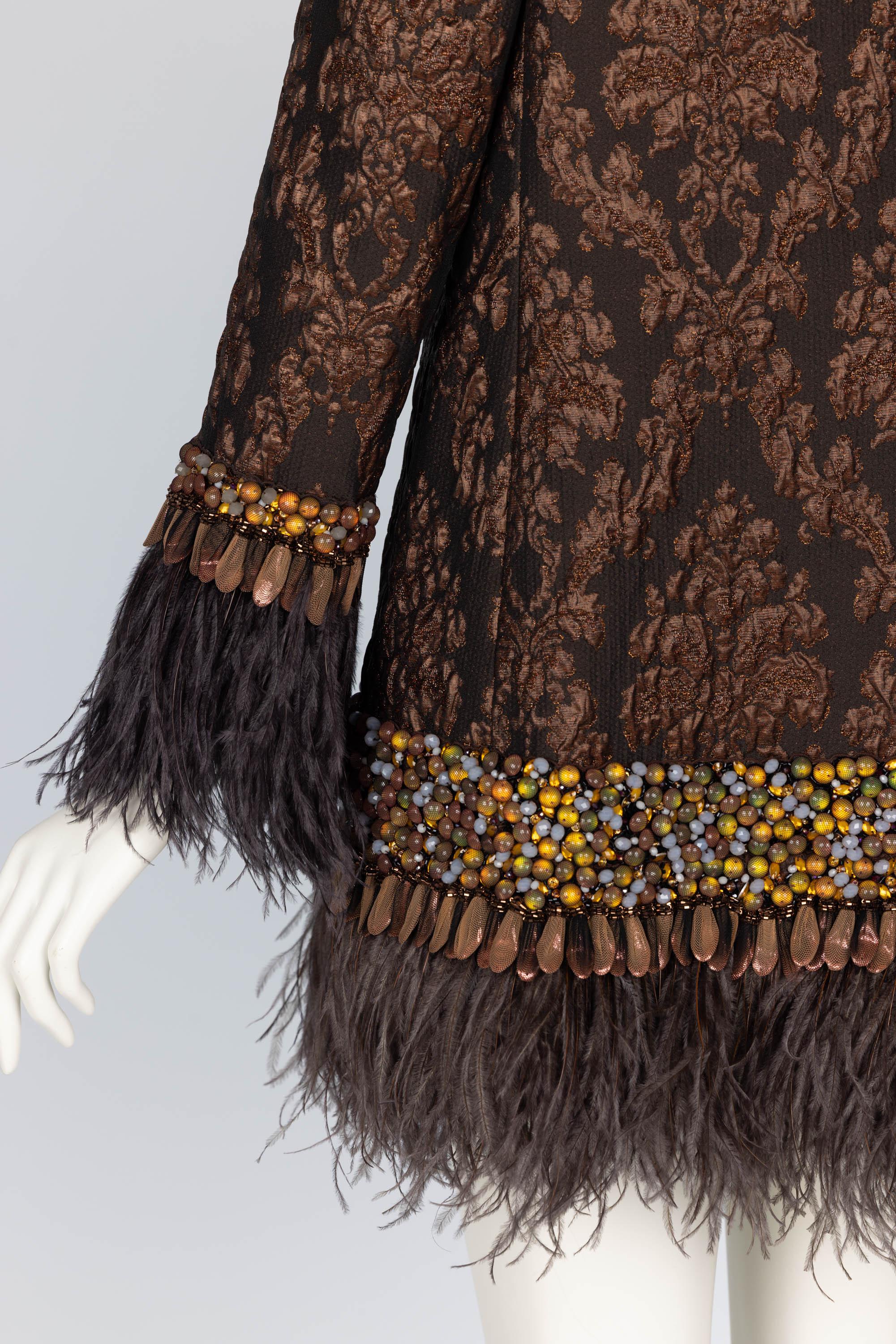 Andrew GN Brown Brocade Feather and Jewel Embellished Coat For Sale 7