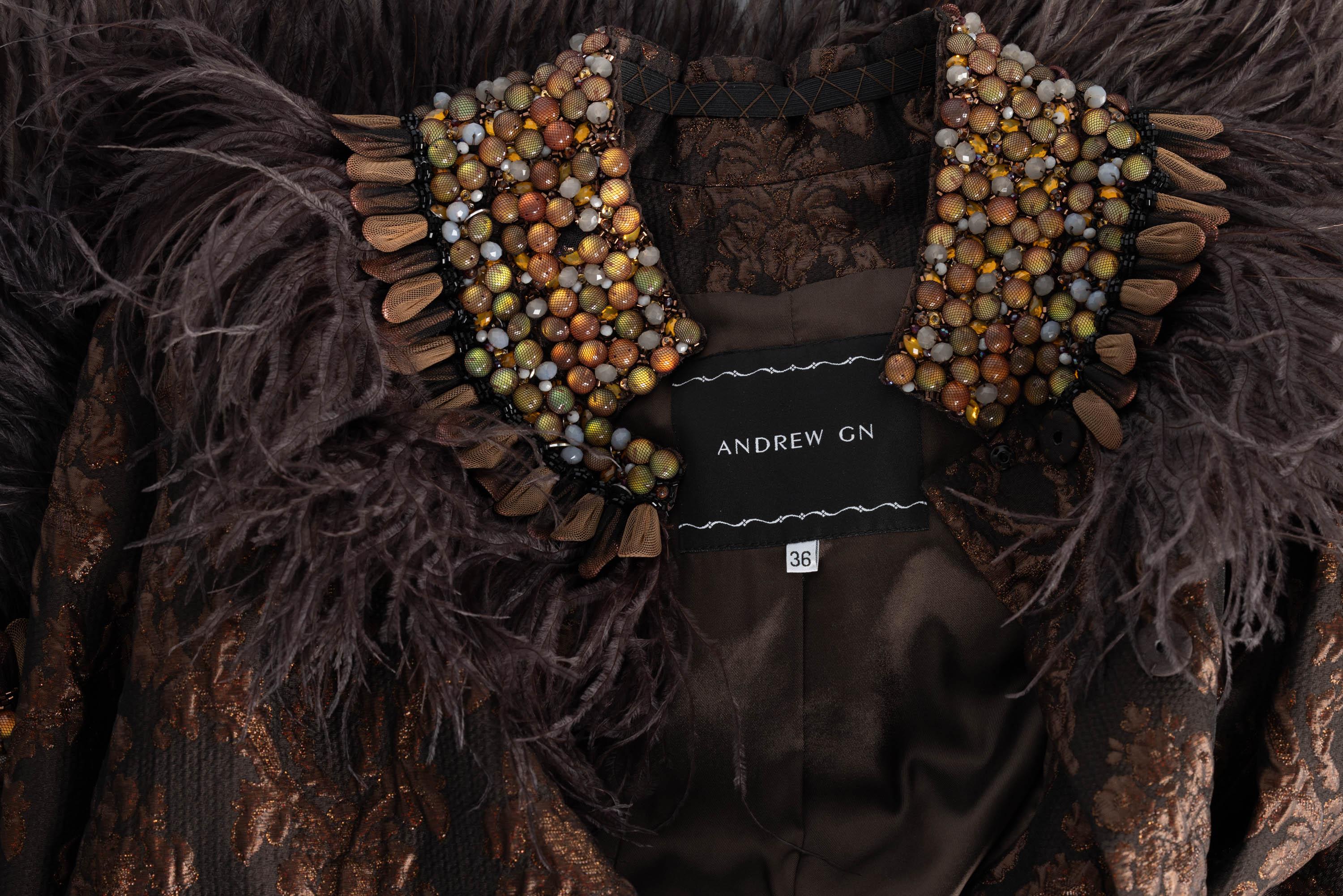 Andrew GN Brown Brocade Feather and Jewel Embellished Coat For Sale 7