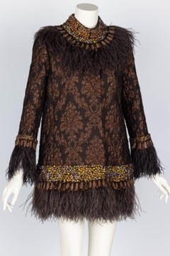 Andrew GN Brown Brocade Feather and Jewel Embellished Coat