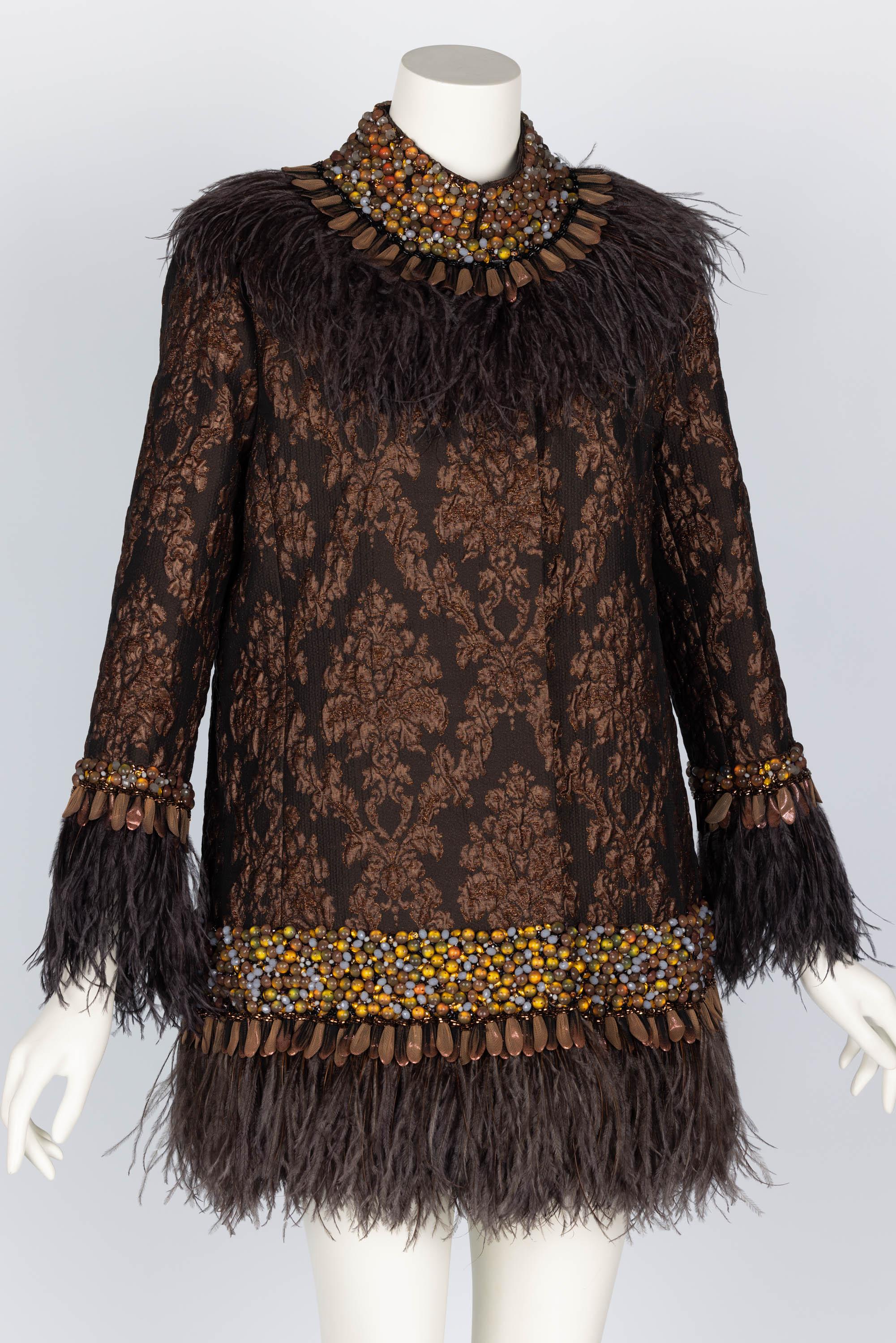 Andrew GN Brown Brocade Feather and Jewel Embellished Coat In Excellent Condition For Sale In Boca Raton, FL
