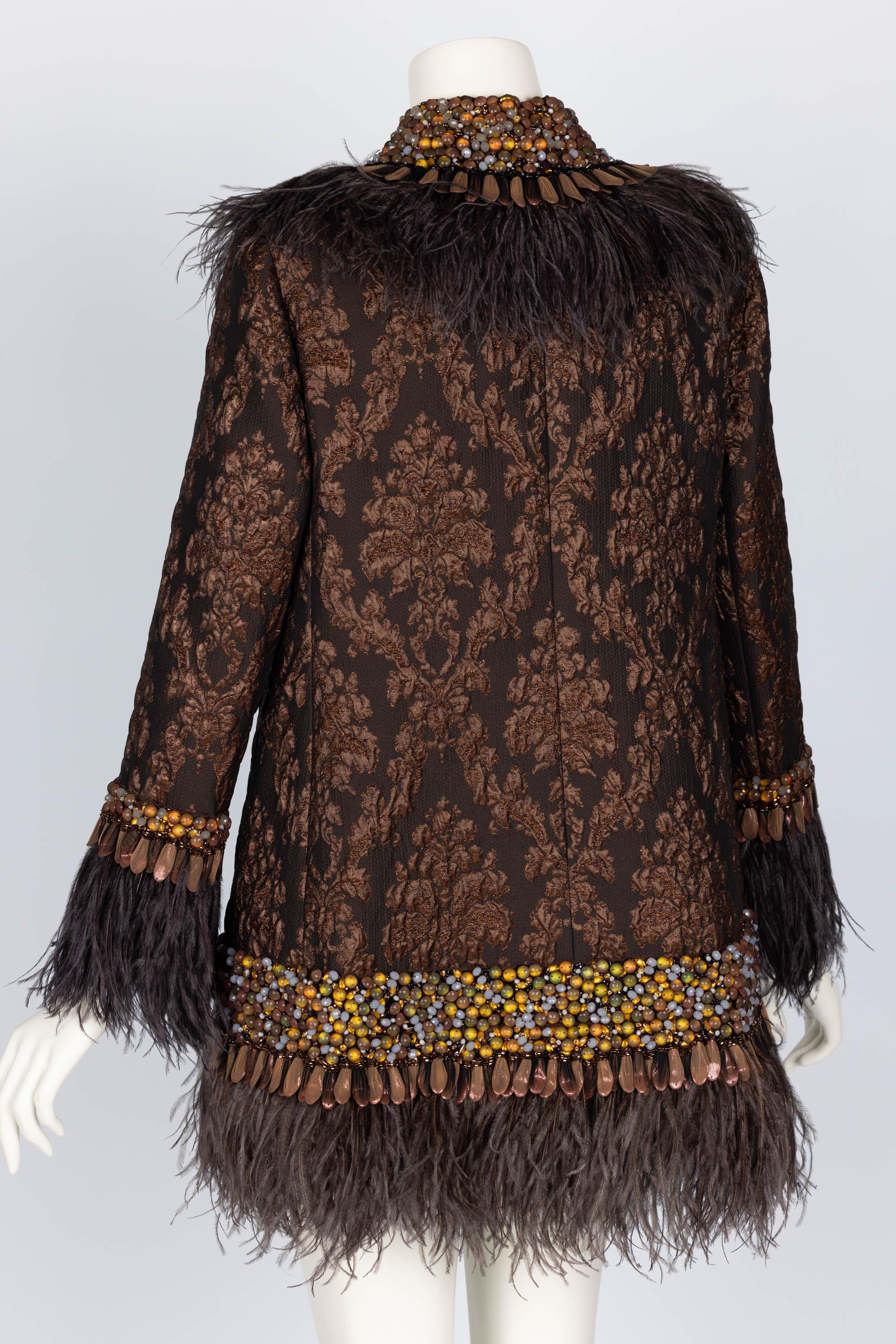 Andrew GN Brown Brocade Feather and Jewel Embellished Coat In Excellent Condition For Sale In Boca Raton, FL