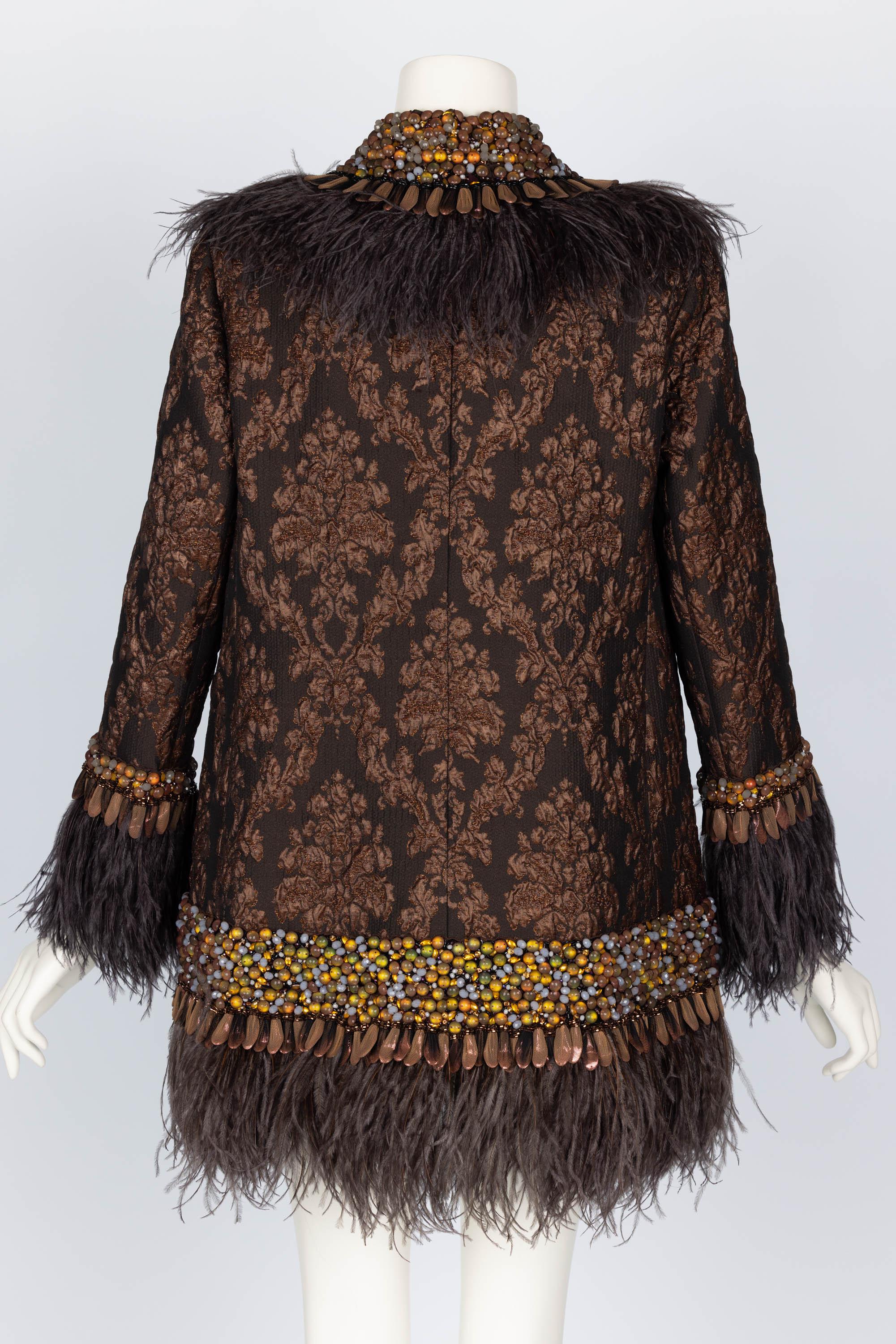 Andrew GN Brown Brocade Feather and Jewel Embellished Coat For Sale 1