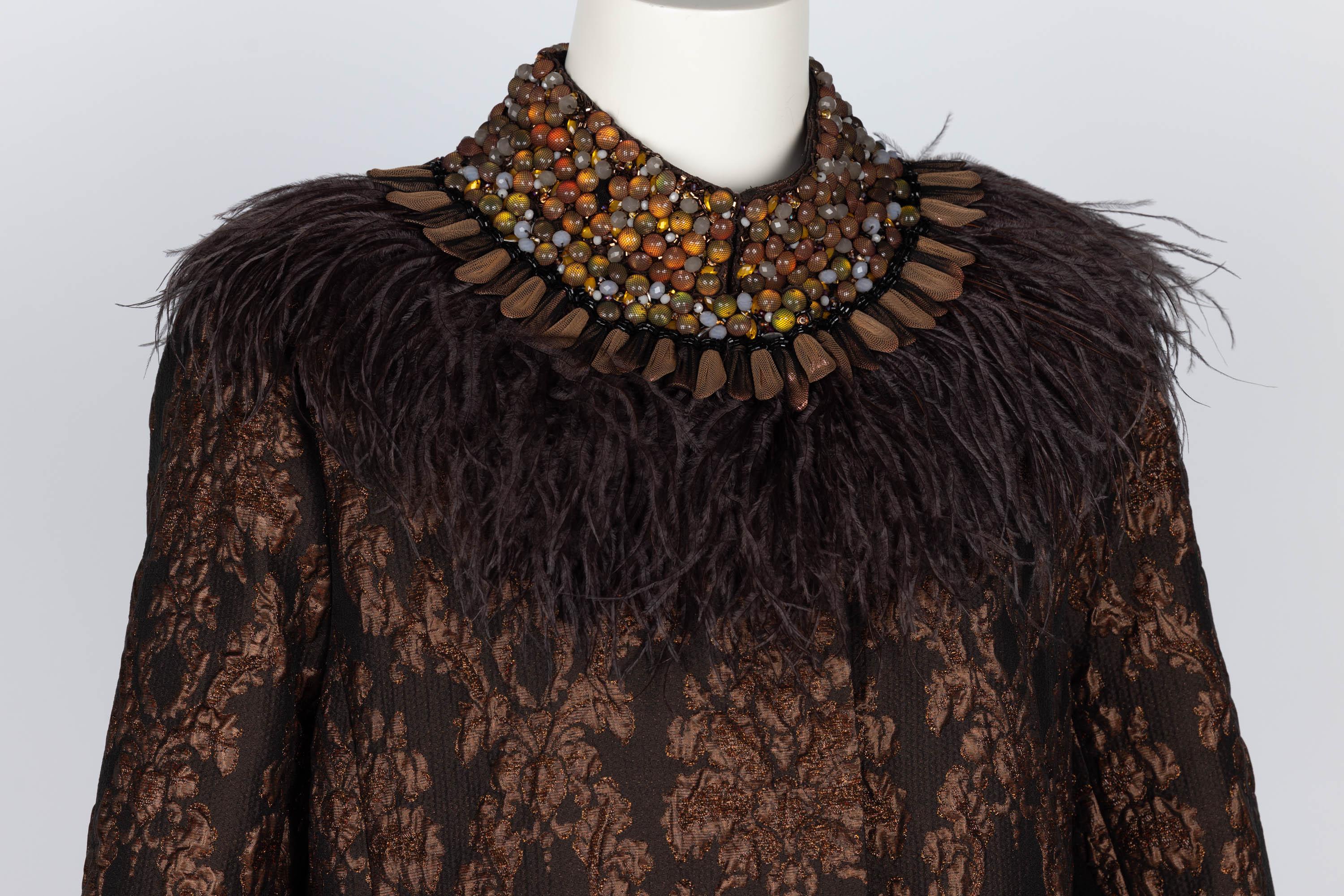 Andrew GN Brown Brocade Feather and Jewel Embellished Coat For Sale 2