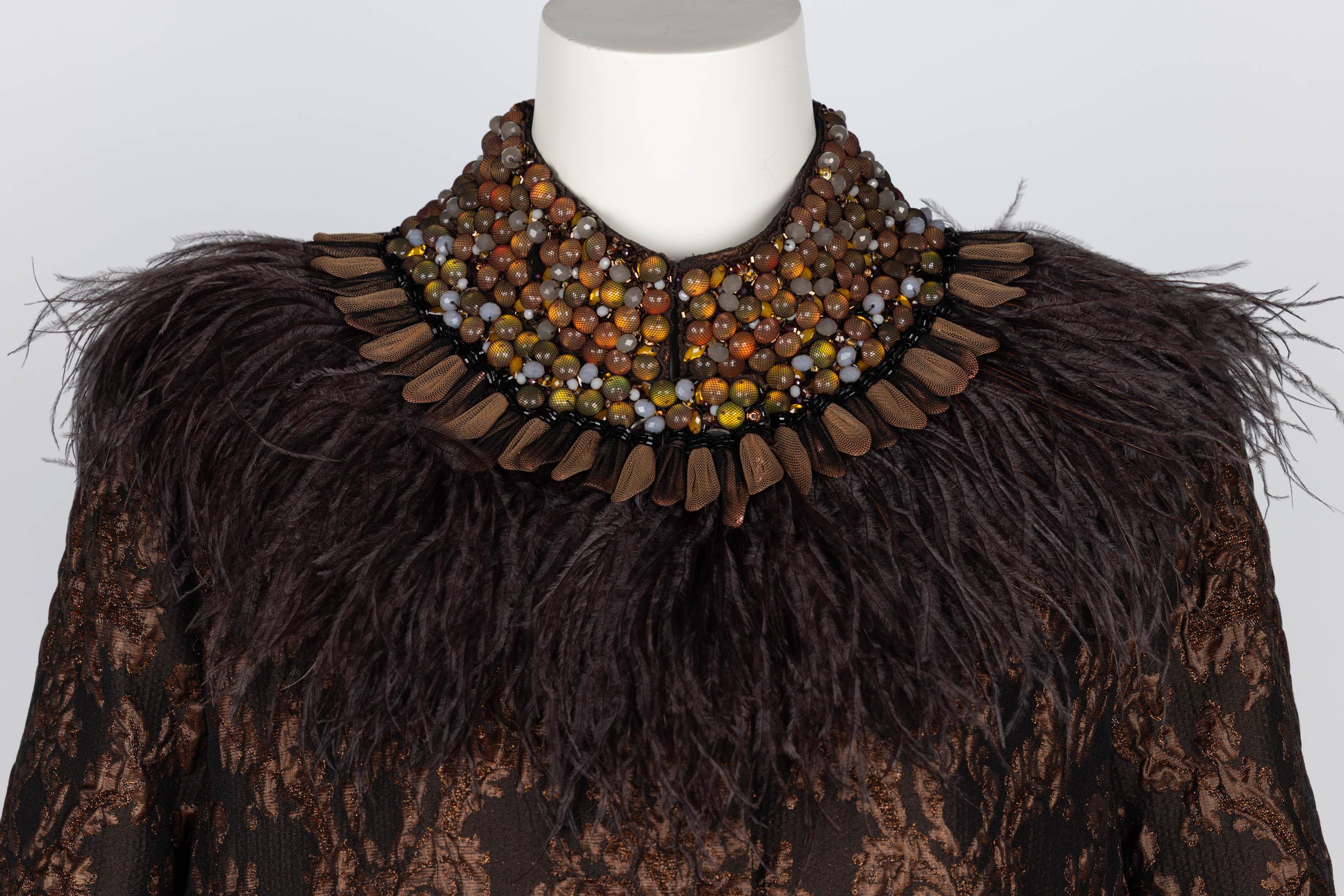 Andrew GN Brown Brocade Feather and Jewel Embellished Coat For Sale 2