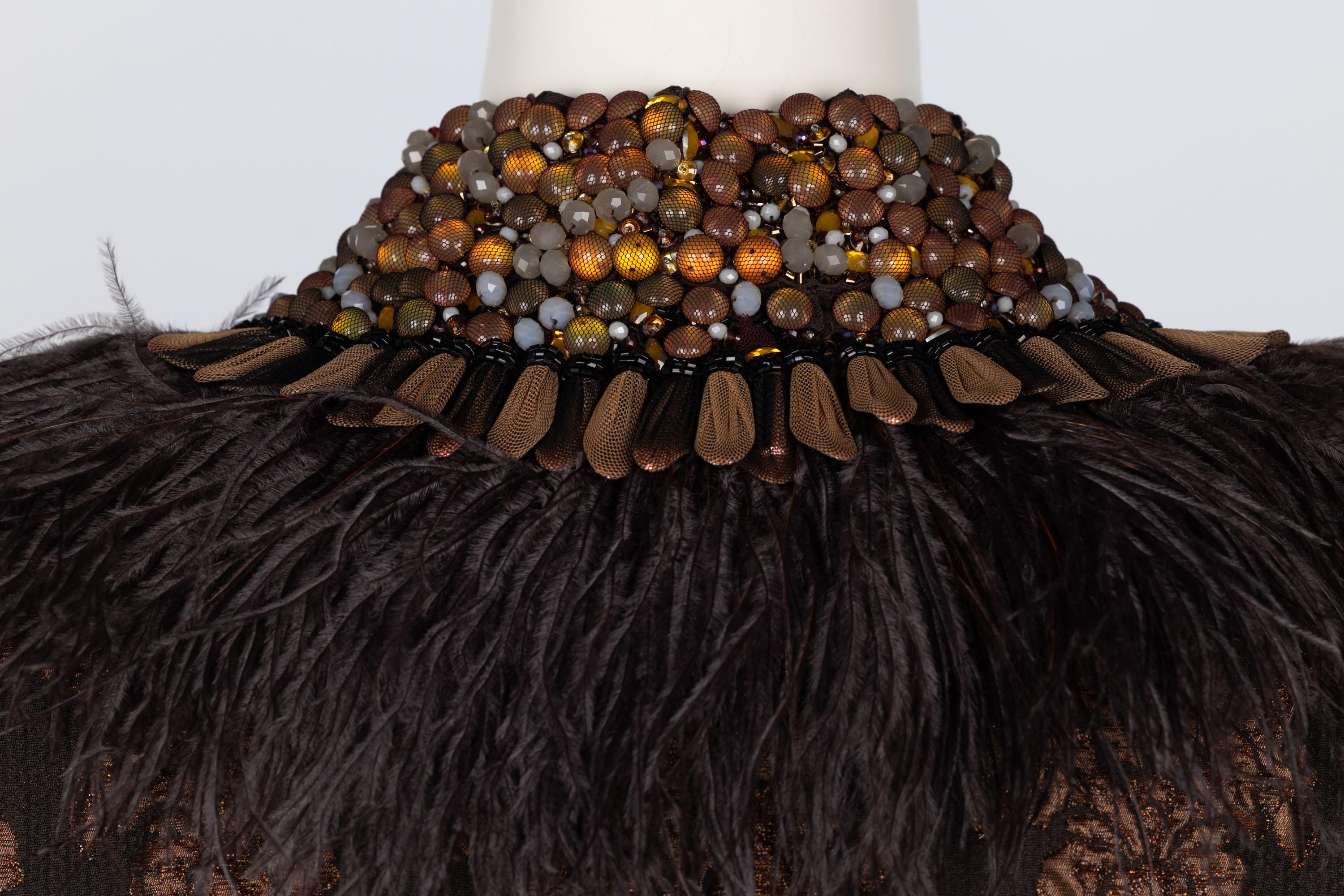 Andrew GN Brown Brocade Feather and Jewel Embellished Coat For Sale 3