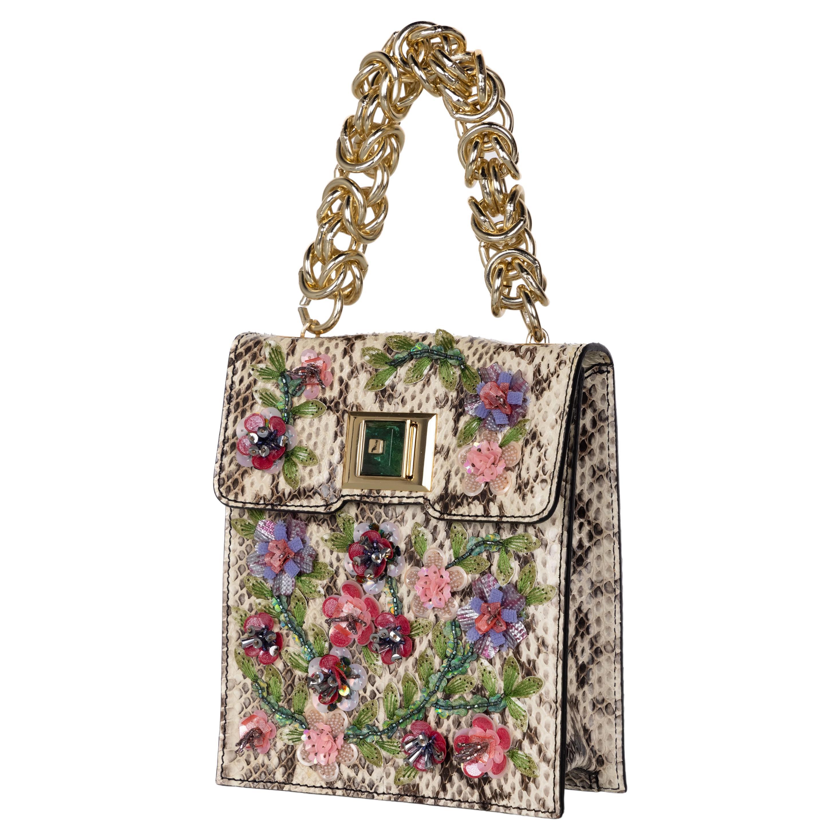 Andrew GN Embellished Floral Chain Top Handle Bag New Tags