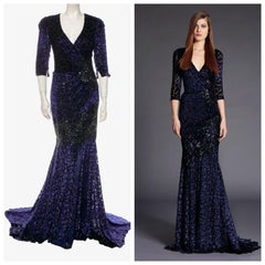 Andrew Gn - Robe en velours dévoré imprimé léopard bleu nuit ornée, taille FR 38