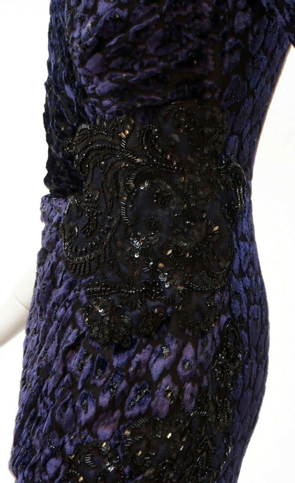 Andrew Gn Embellished Midnight Blue Leopard Print Devore Velvet Dress Gown Fr 38 In Excellent Condition In Montgomery, TX