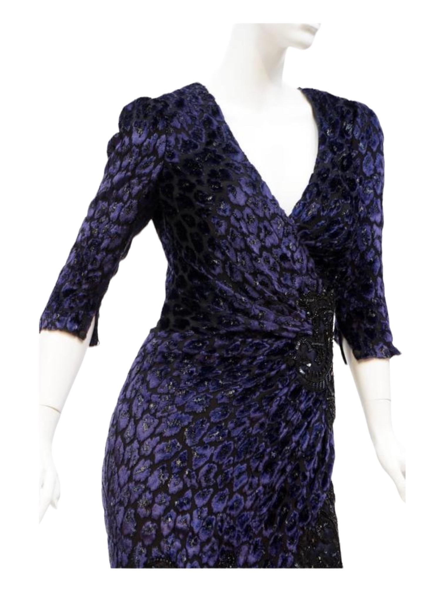 Women's Andrew Gn Embellished Midnight Blue Leopard Print Devore Velvet Dress Gown Fr 38