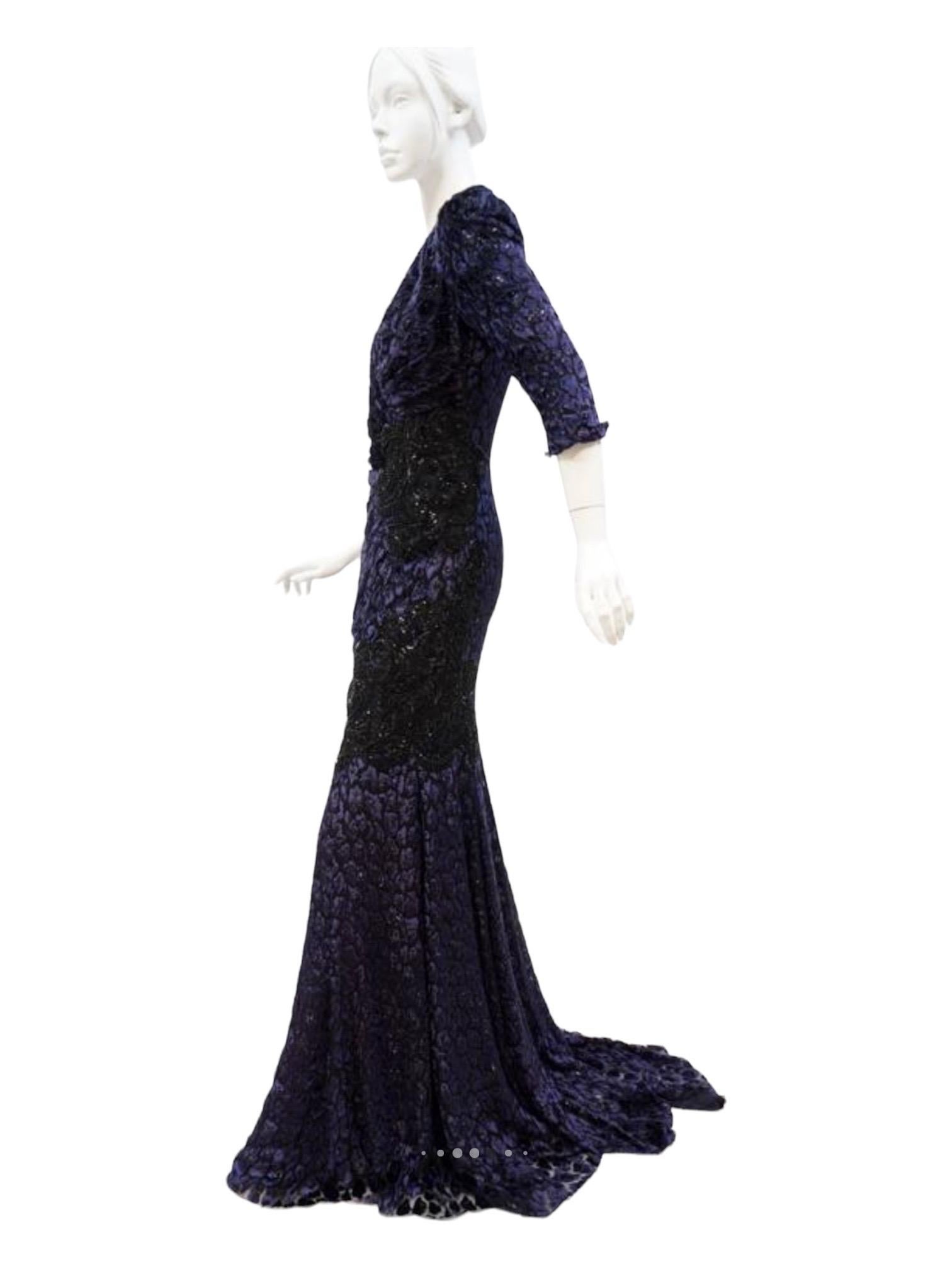 Andrew Gn Embellished Midnight Blue Leopard Print Devore Velvet Dress Gown Fr 38 1