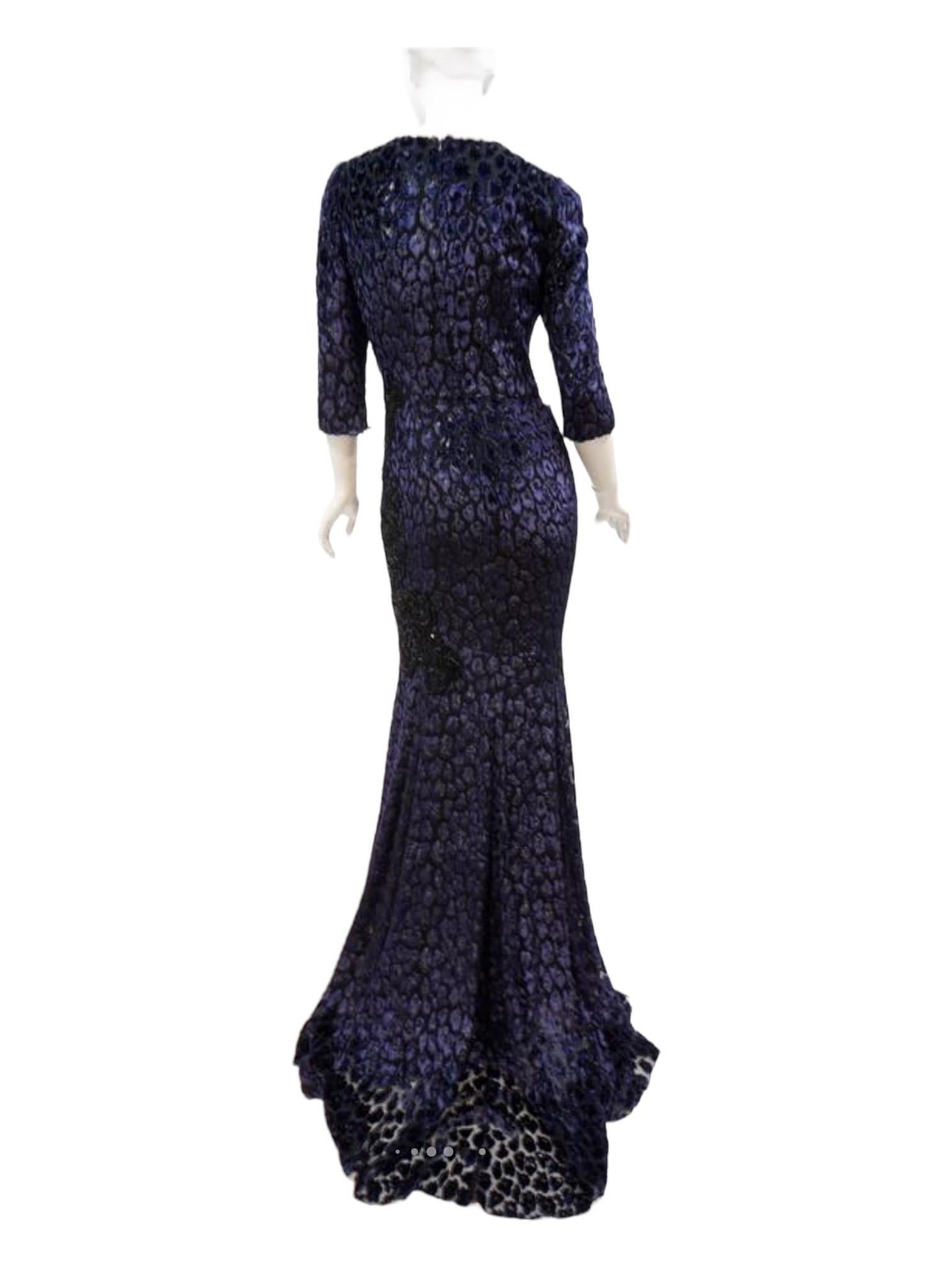 Andrew Gn Embellished Midnight Blue Leopard Print Devore Velvet Dress Gown Fr 38 2