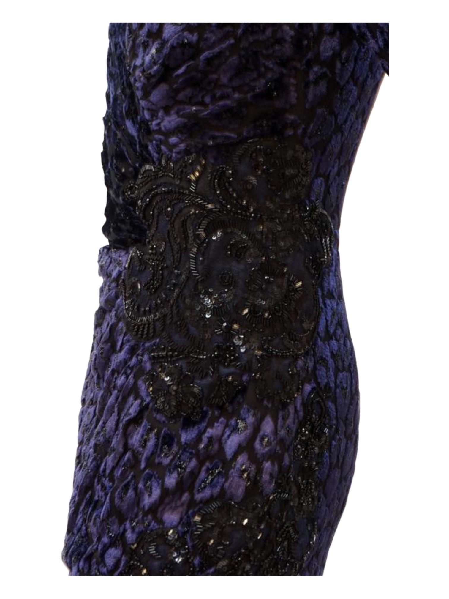 Andrew Gn Embellished Midnight Blue Leopard Print Devore Velvet Dress Gown Fr 38 3