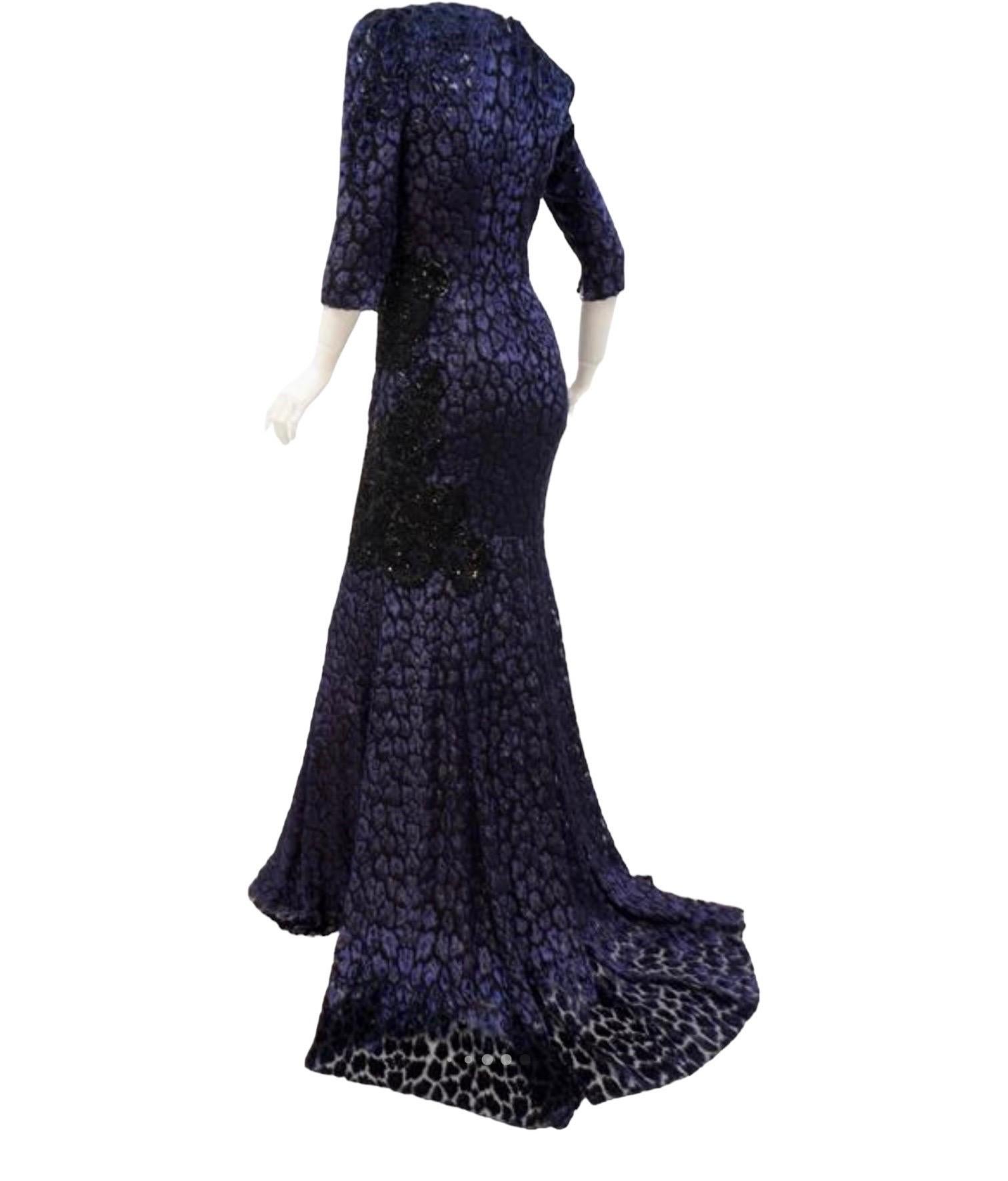 Andrew Gn Embellished Midnight Blue Leopard Print Devore Velvet Dress Gown Fr 38 4