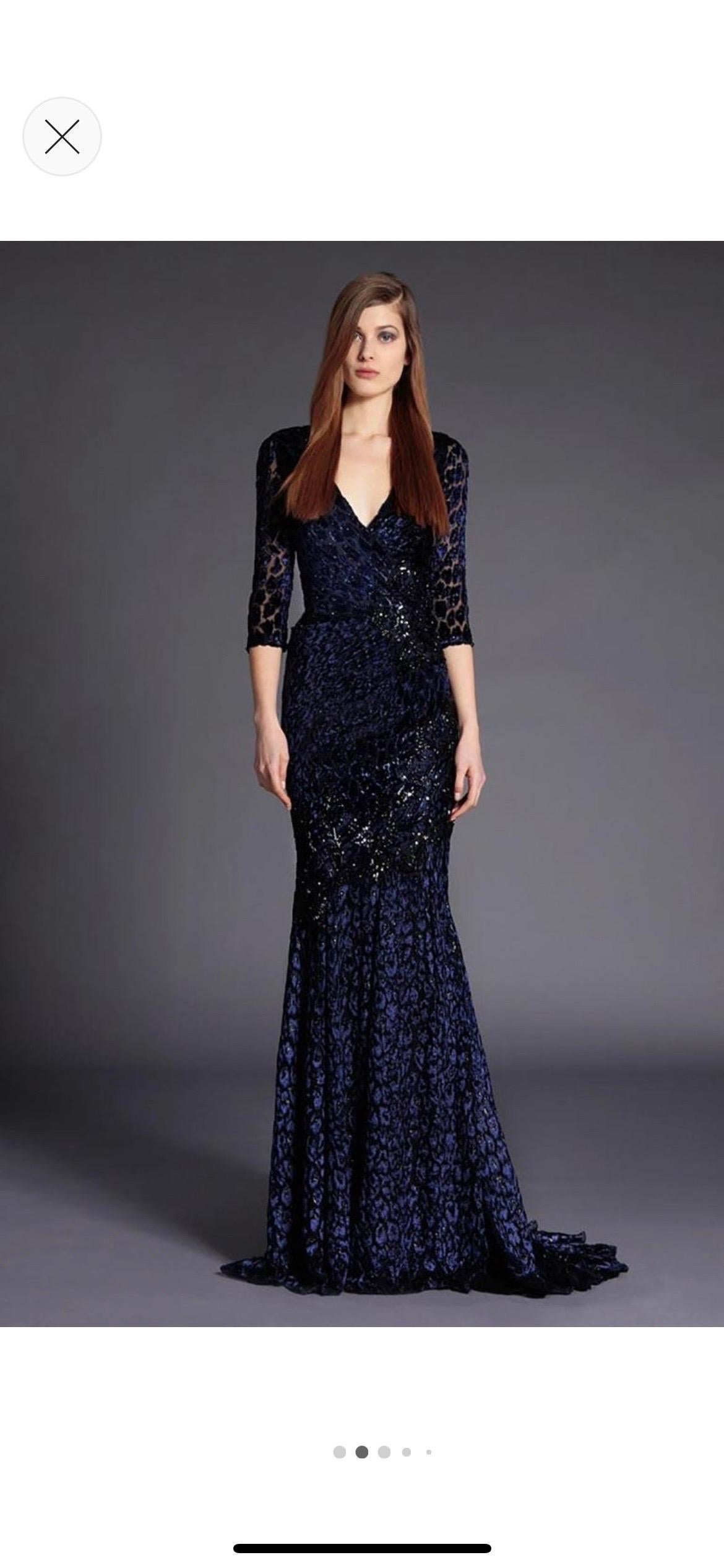 Andrew Gn Embellished Midnight Blue Leopard Print Devore Velvet Dress Gown Fr 38 5