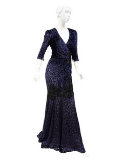 Andrew Gn Embellished Midnight Blue Leopard Print Devore Velvet Dress Gown Fr 38