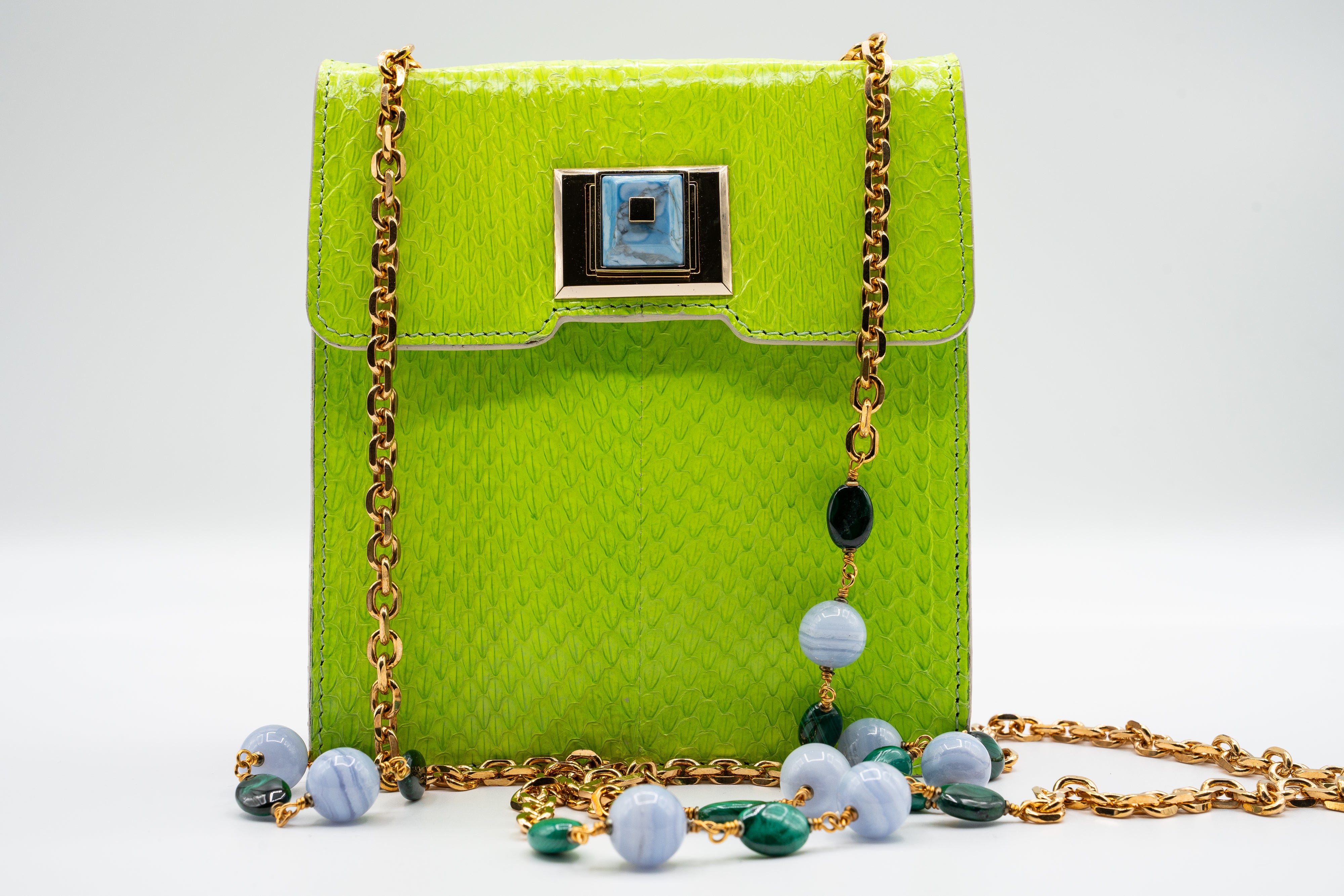 Andrew Gn Green Snakeskin Pocket Bag Semi-Precious Stones In Excellent Condition For Sale In Boca Raton, FL
