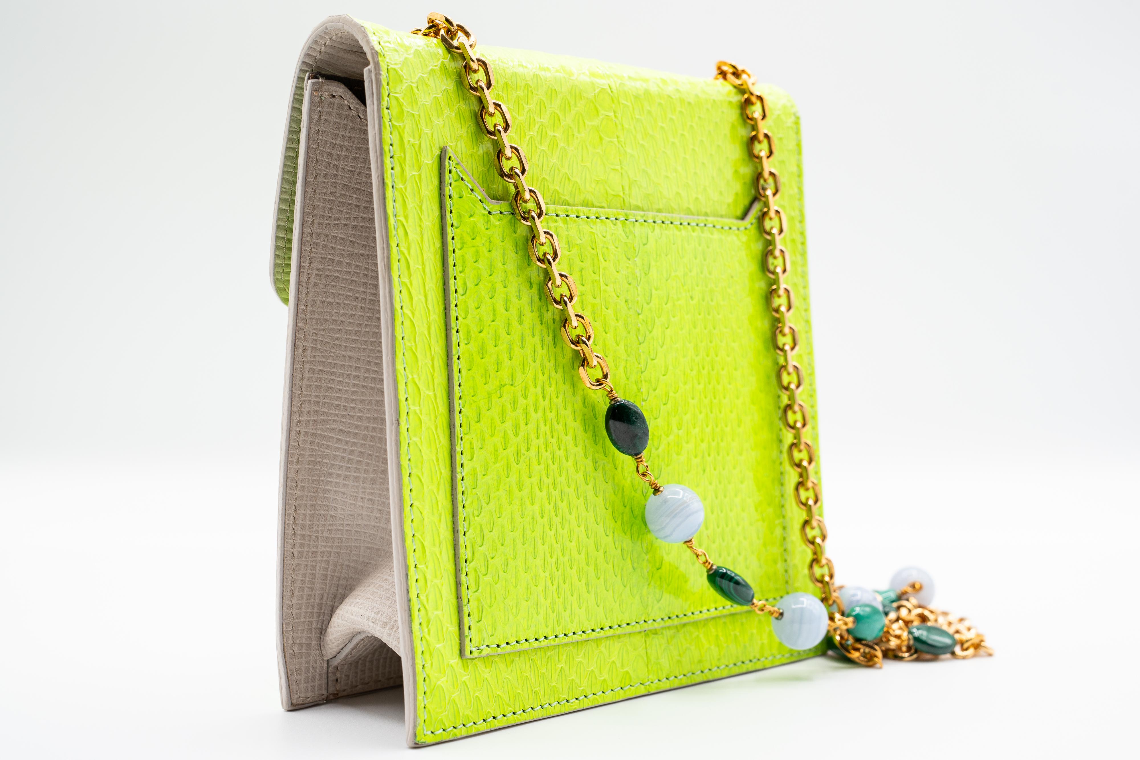Andrew Gn Green Snakeskin Pocket Bag Semi-Precious Stones For Sale 1