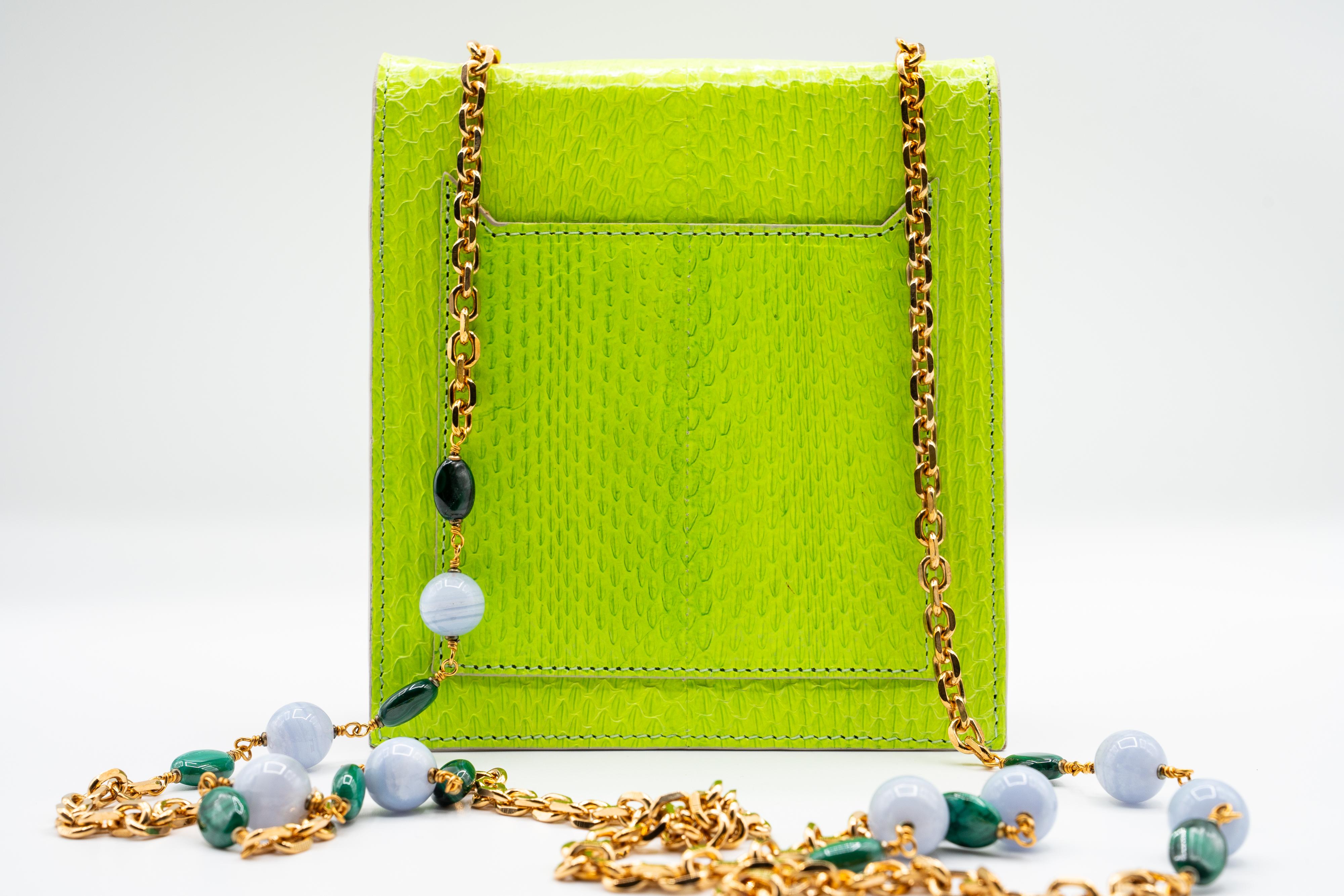 Andrew Gn Green Snakeskin Pocket Bag Semi-Precious Stones For Sale 2