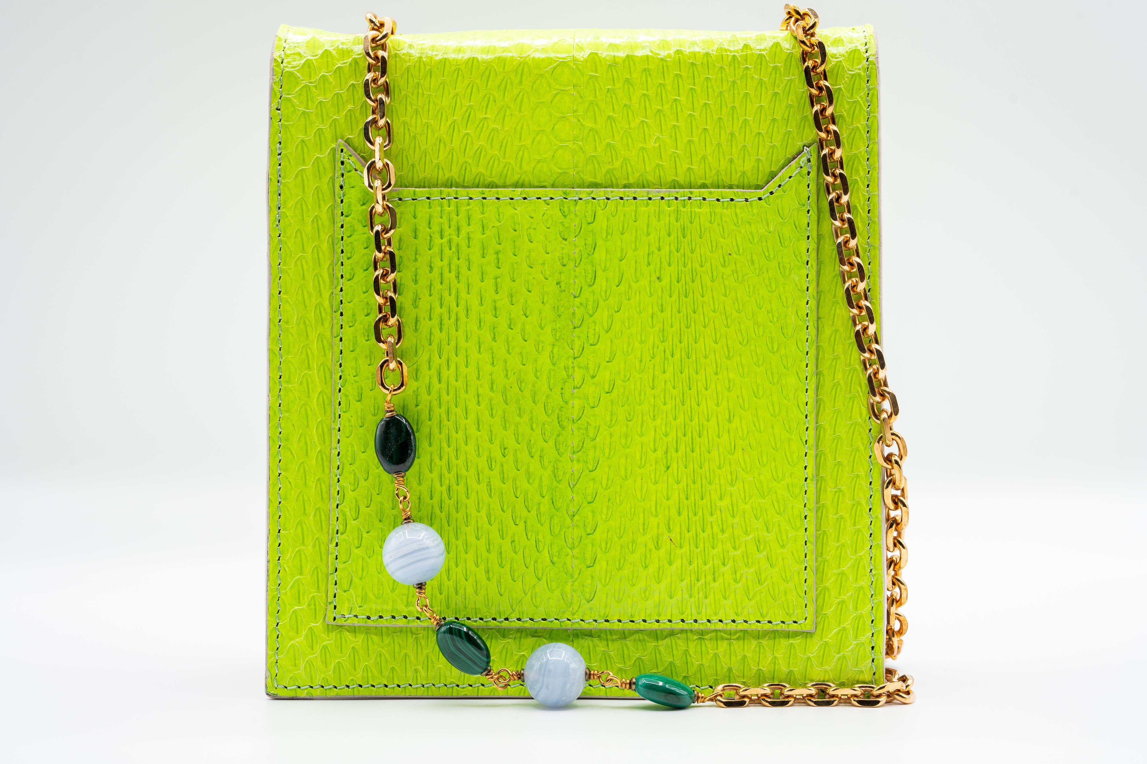 Andrew Gn Green Snakeskin Pocket Bag Semi-Precious Stones For Sale 3