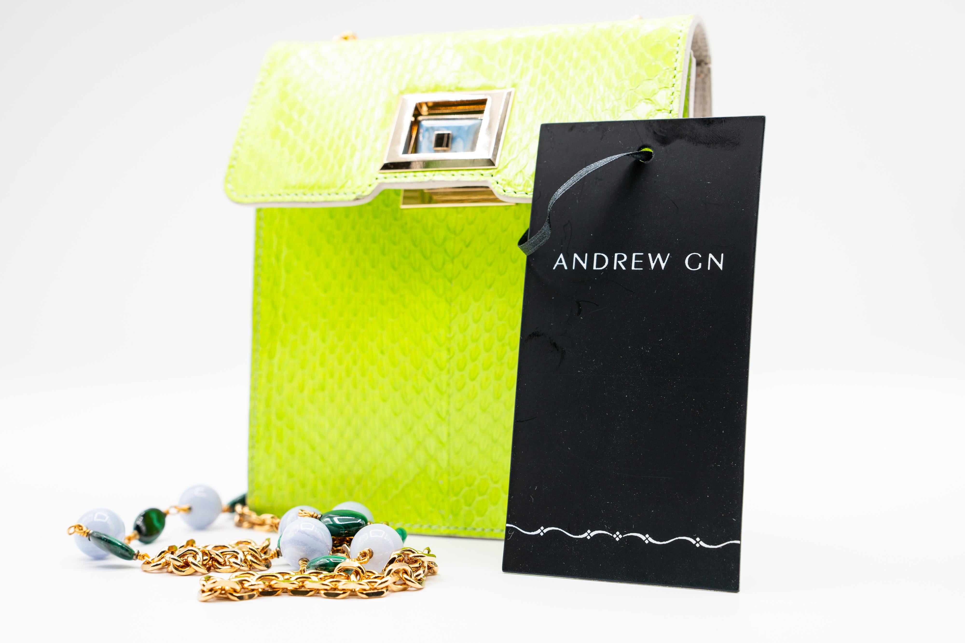 Andrew Gn Green Snakeskin Pocket Bag Semi-Precious Stones For Sale 5