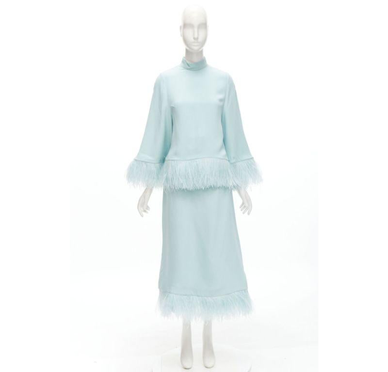 ANDREW GN light blue feather trim high neck flared top midi skirt set FR34 XS 8
