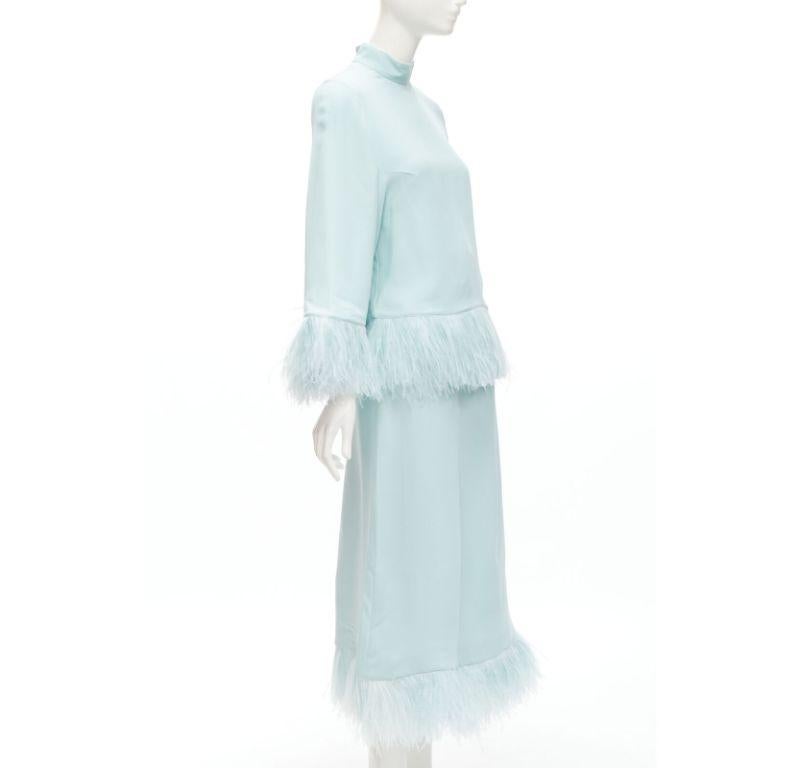 ANDREW GN light blue feather trim high neck flared top midi skirt set FR34 XS In Excellent Condition In Hong Kong, NT