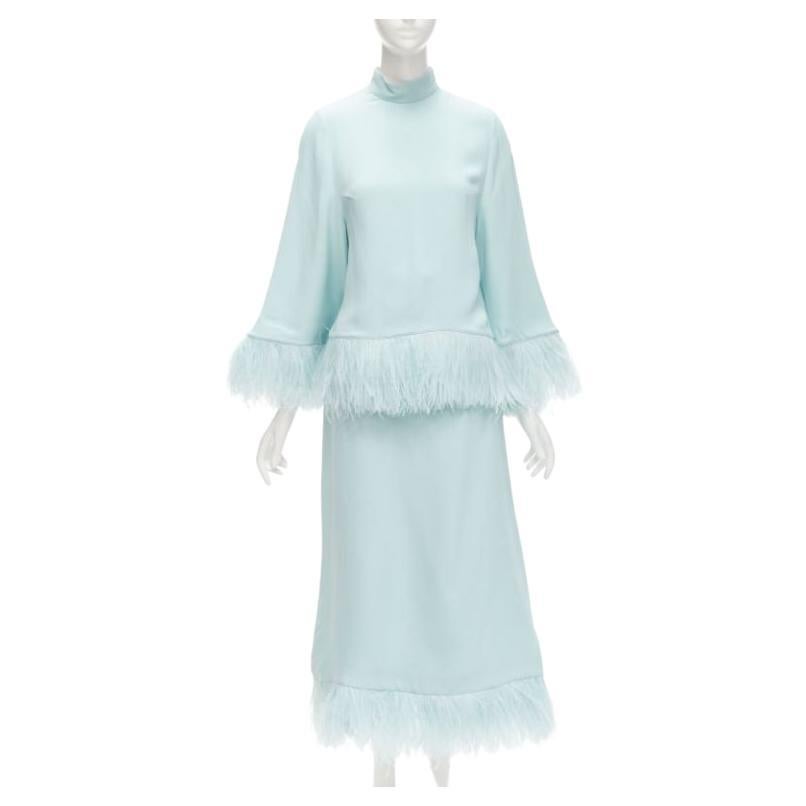 ANDREW GN light blue feather trim high neck flared top midi skirt set FR34 XS