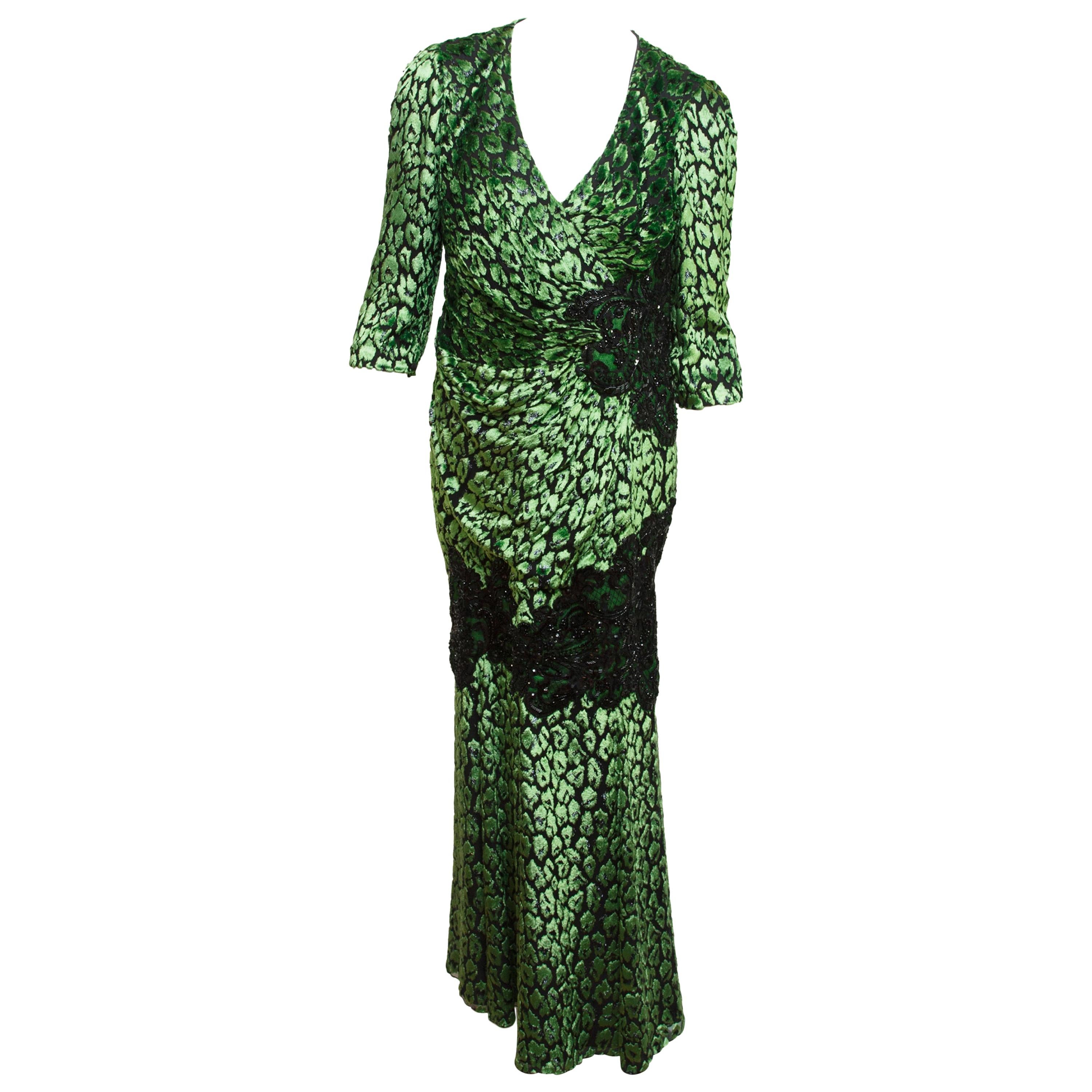 Andrew Gn Metallic Green & Black Embellished Gown