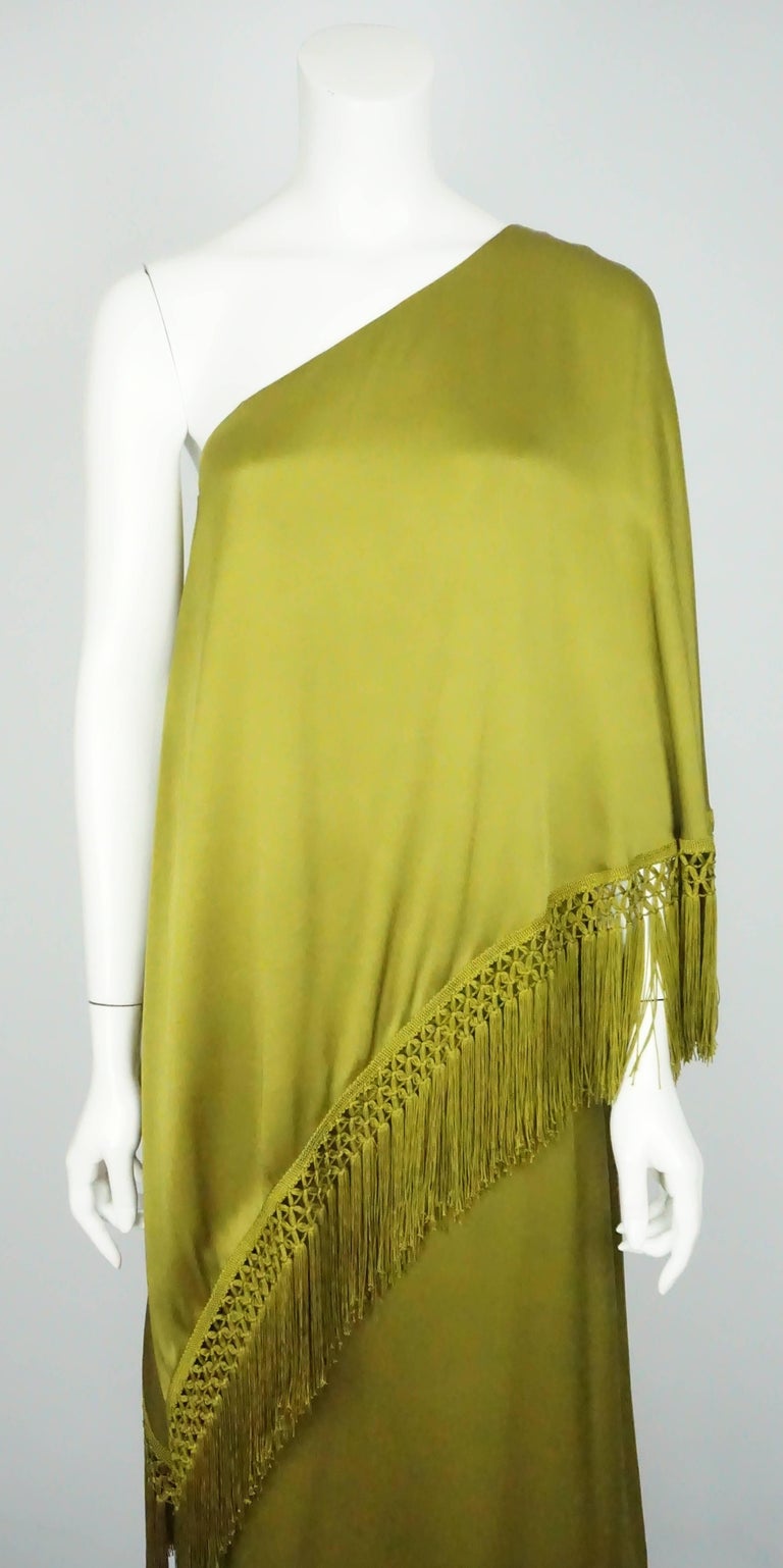 Andrew Gn Olive Green Silk One Shoulder Gown with Fringe at 1stDibs | andrew  gn green gown, andrew gn green dress, olive green silk dress