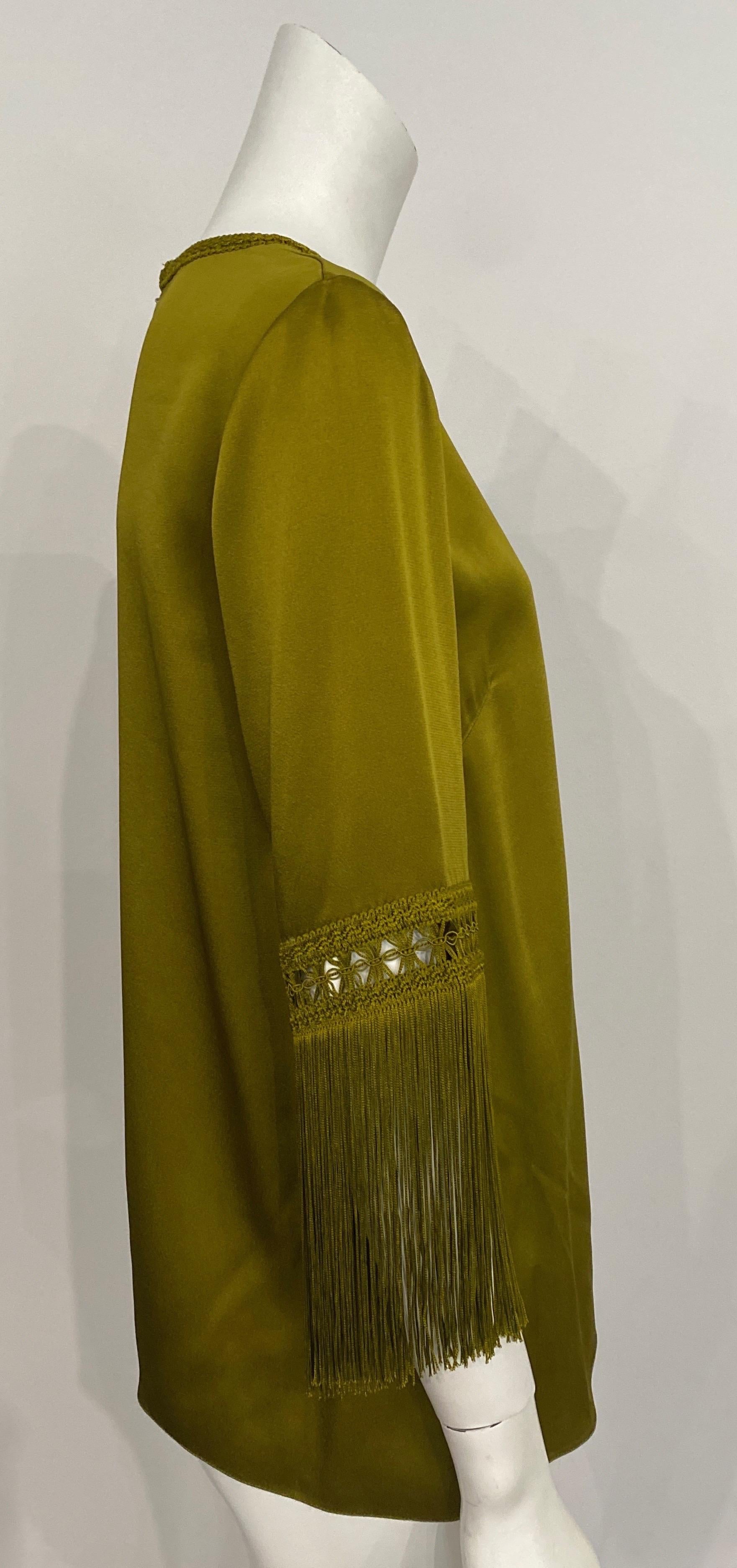 Andrew GN Olive Satin Looking Fringe Sleeve Top -Size 40 For Sale 5
