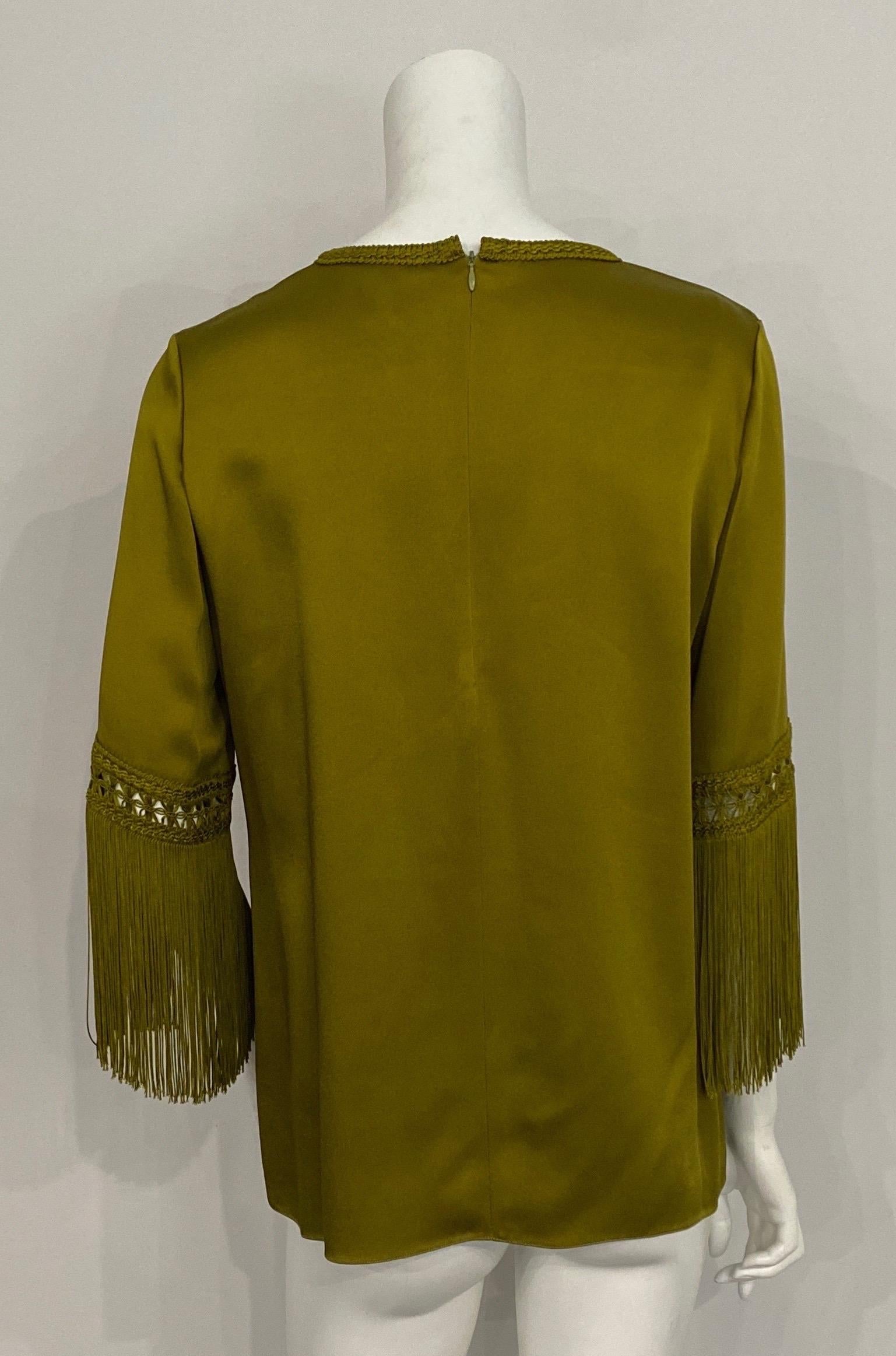 Andrew GN Olive Satin Looking Fringe Sleeve Top -Size 40 For Sale 7