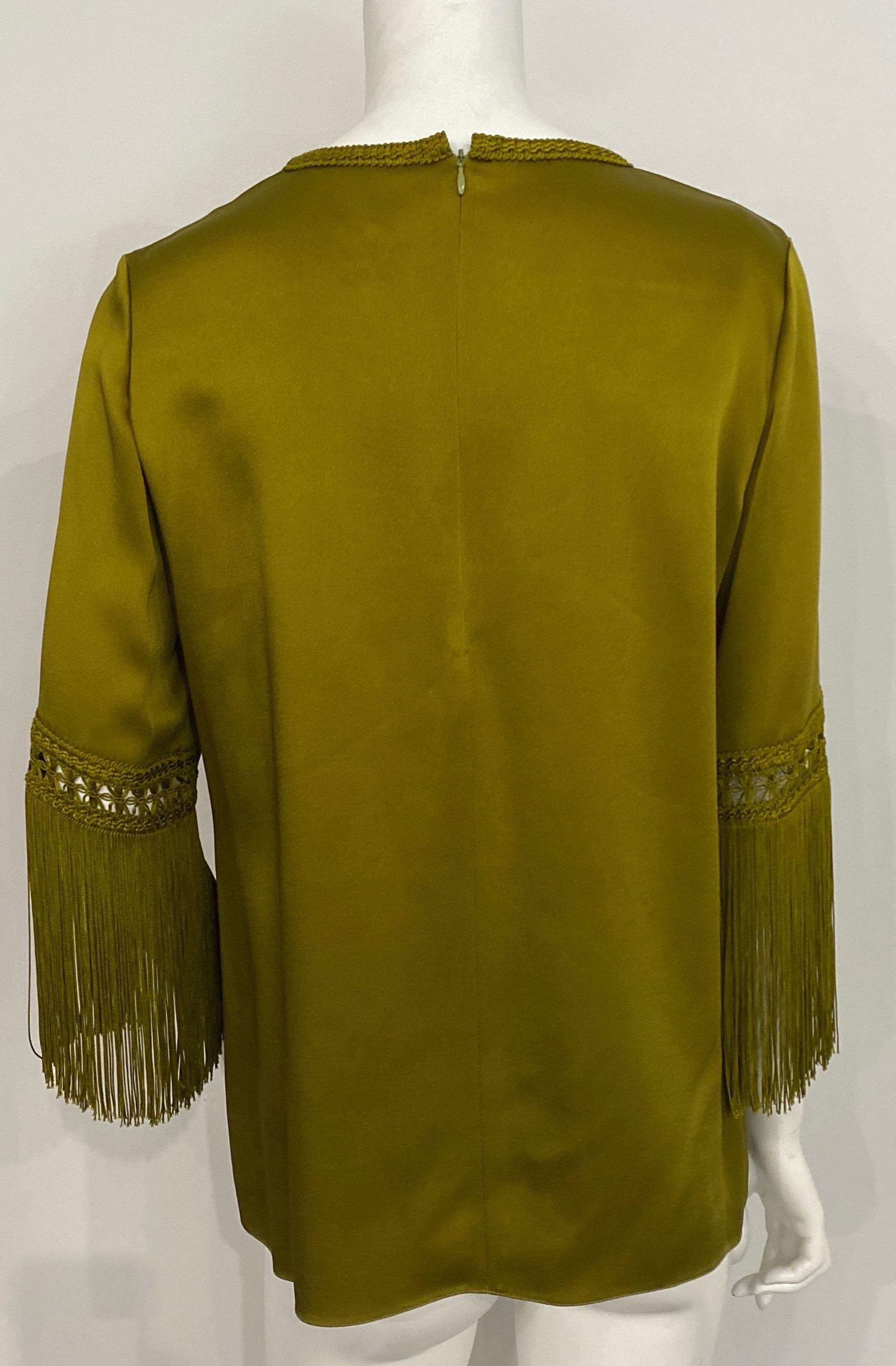 Andrew GN Olive Satin Looking Fringe Sleeve Top -Size 40 For Sale 8