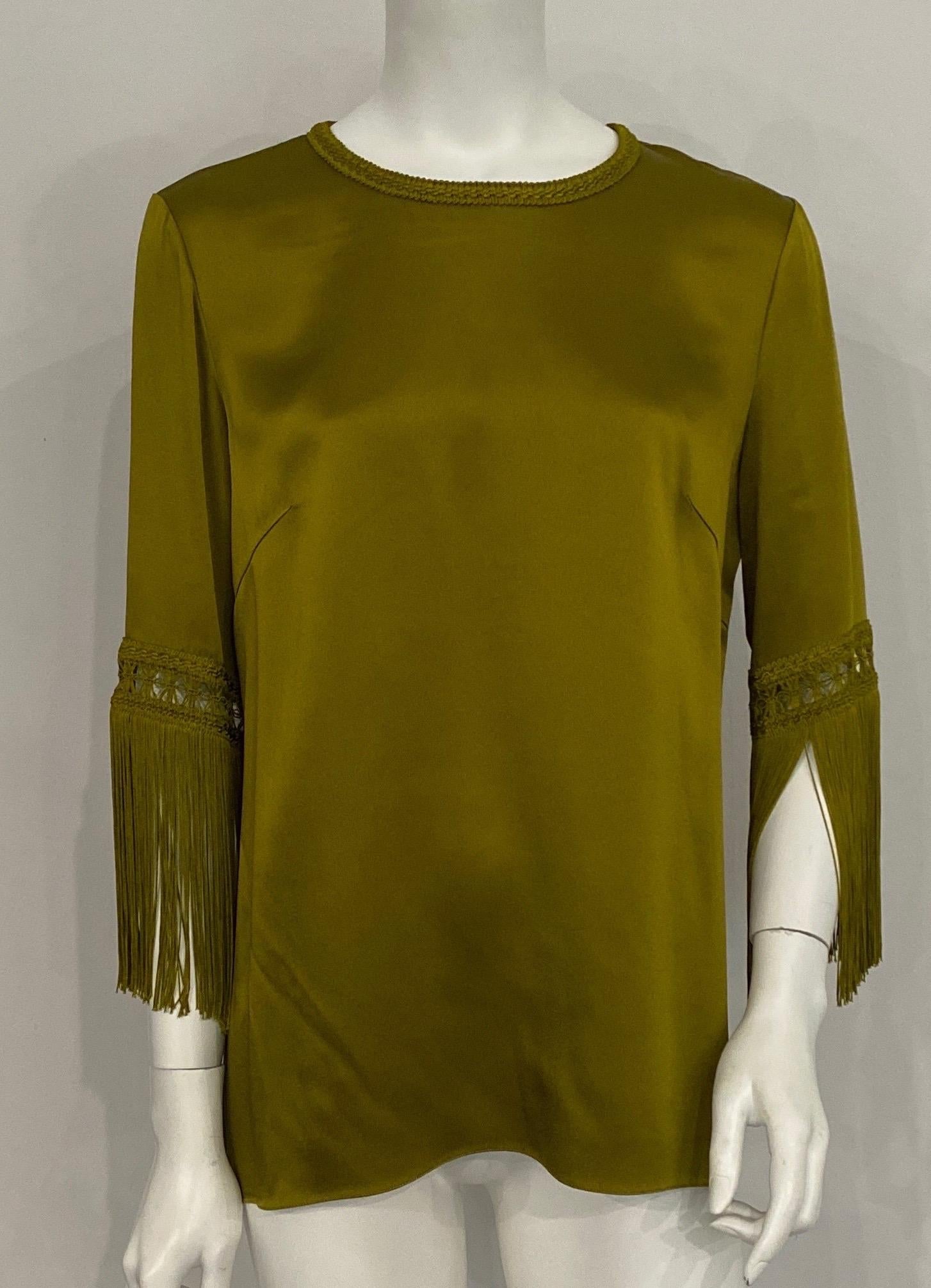Andrew GN Olive Satin Looking Fringe Sleeve Top -Size 40  This top is actually made of a combination acetate/viscose, has a round neckline, 12