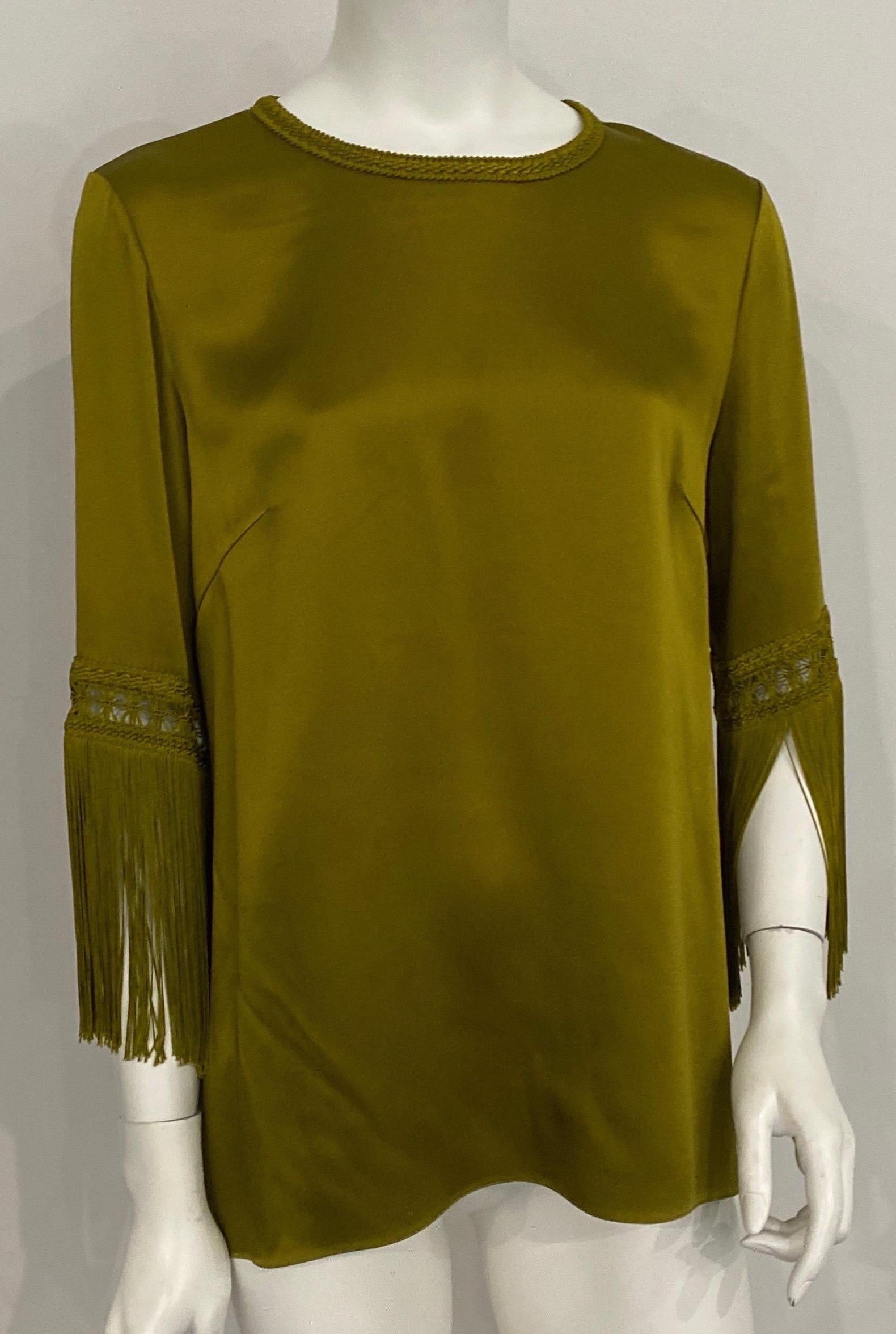 Brown Andrew GN Olive Satin Looking Fringe Sleeve Top -Size 40 For Sale