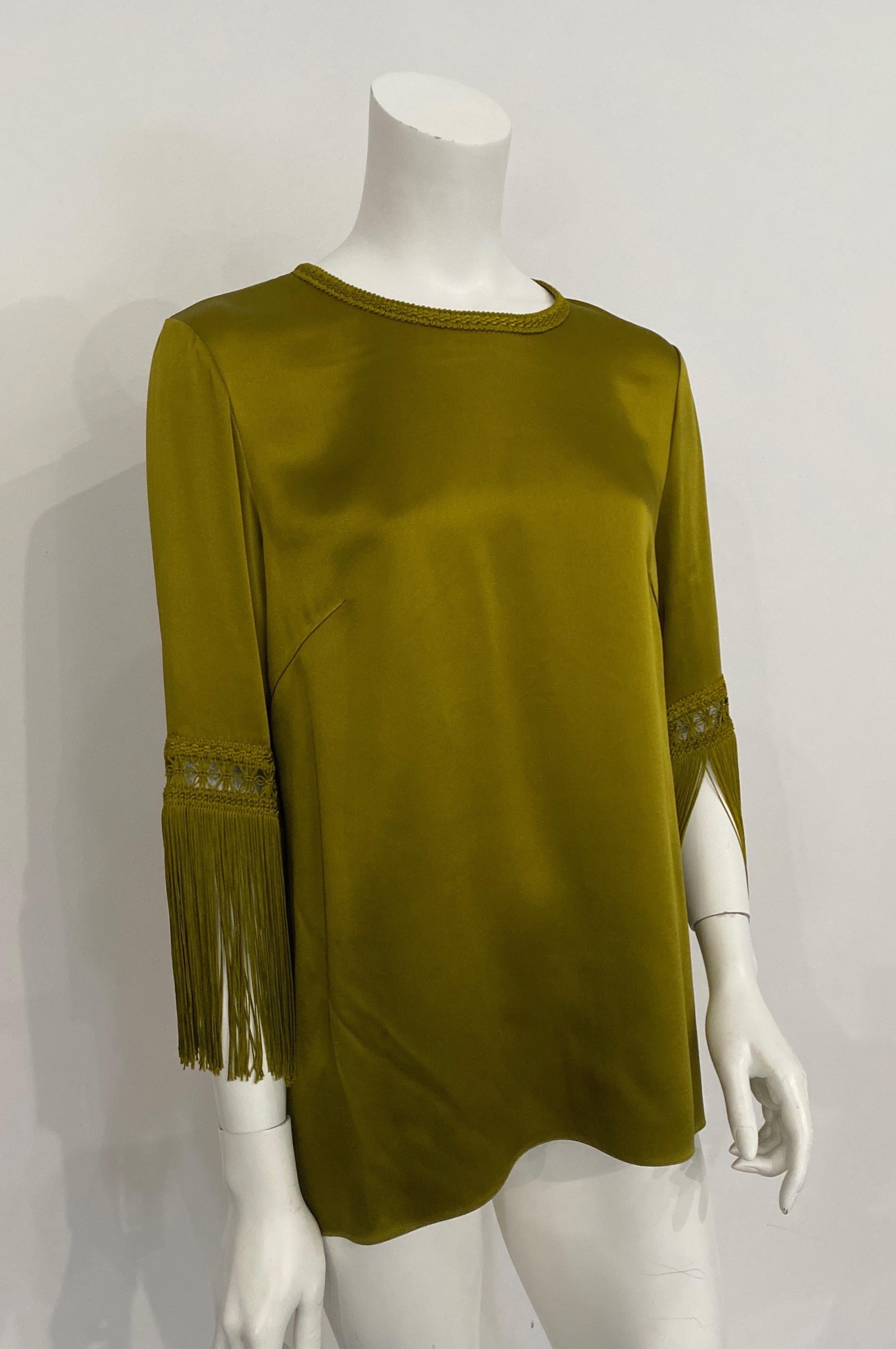 Andrew GN Olive Satin Looking Fringe Sleeve Top -Size 40 In Excellent Condition For Sale In West Palm Beach, FL
