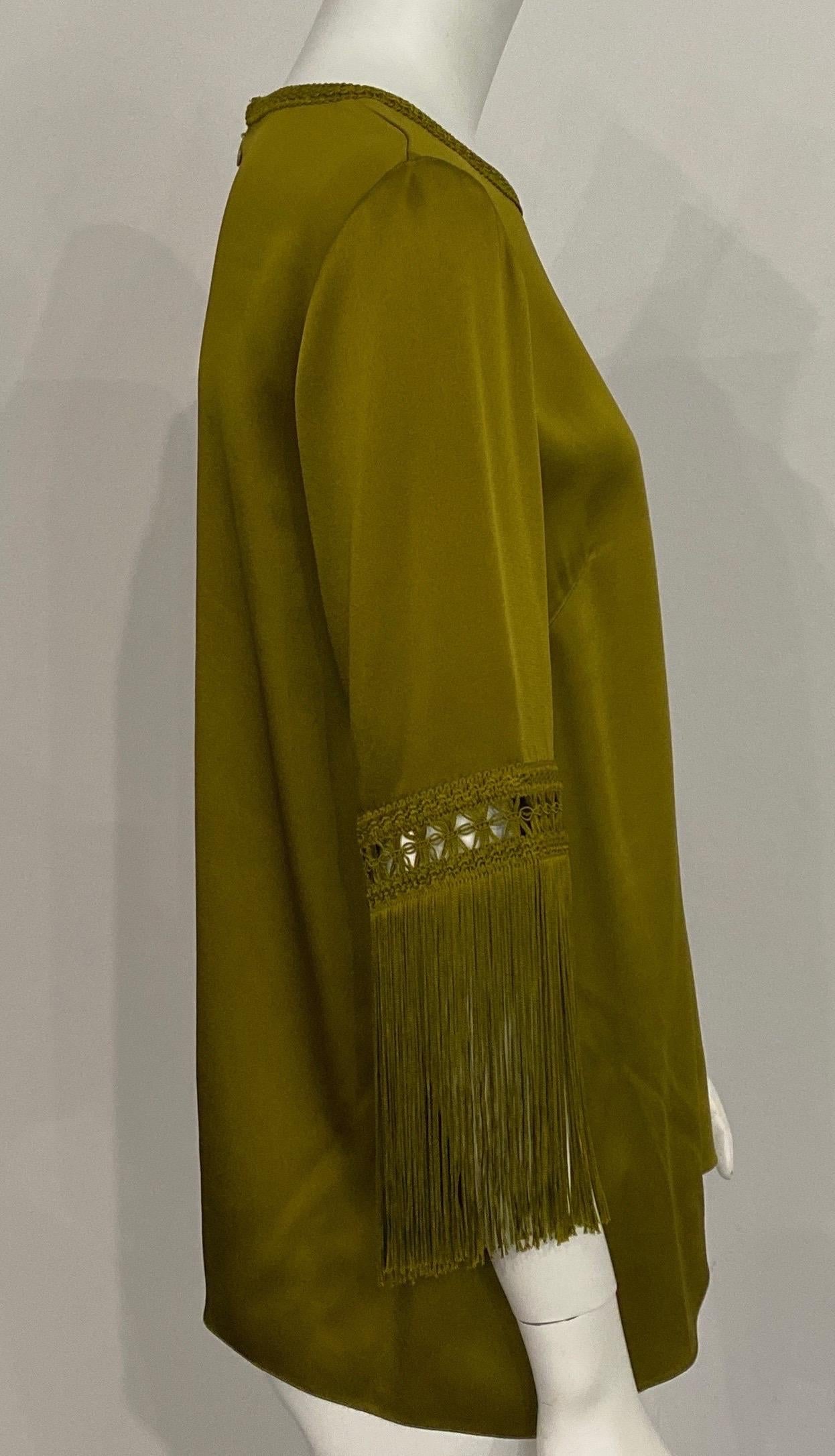 Andrew GN Olive Satin Looking Fringe Sleeve Top -Size 40 For Sale 4