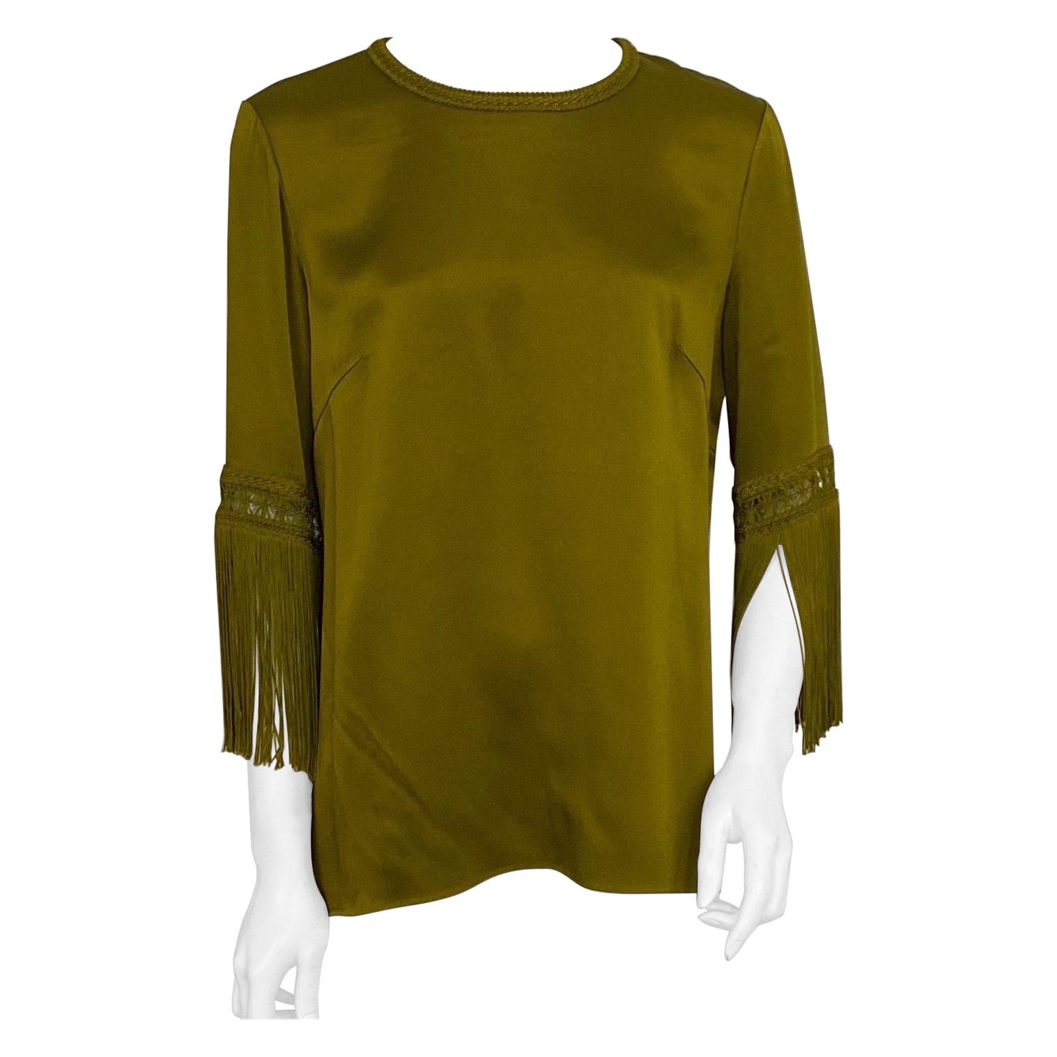 Andrew GN Olivfarbenes Satin-Olivfarbenes Top mit Fransenärmeln - Größe 40 im Angebot