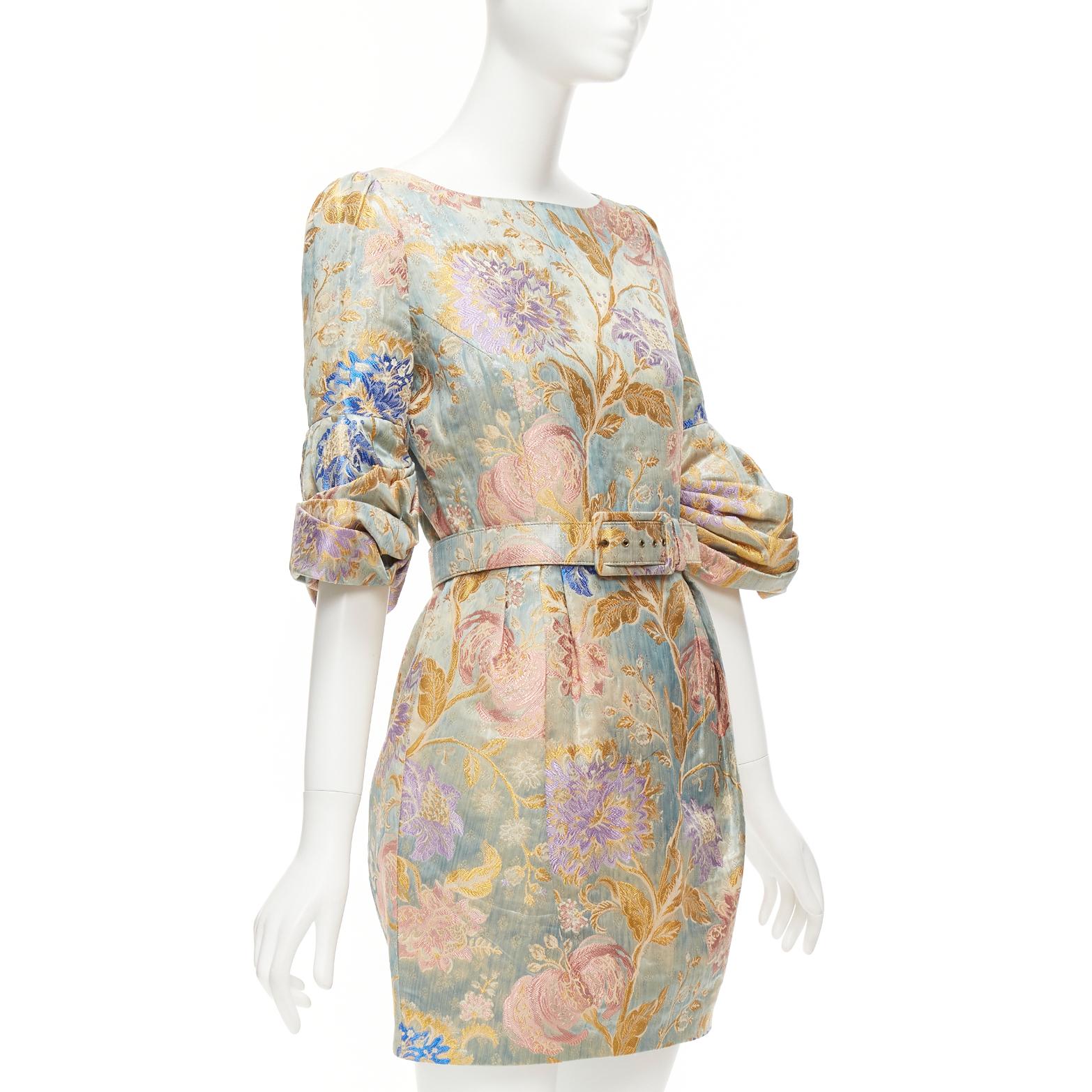 ANDREW GN pastels floral lurex jacquard ruched sleeve belted dress FR38 M In Good Condition For Sale In Hong Kong, NT