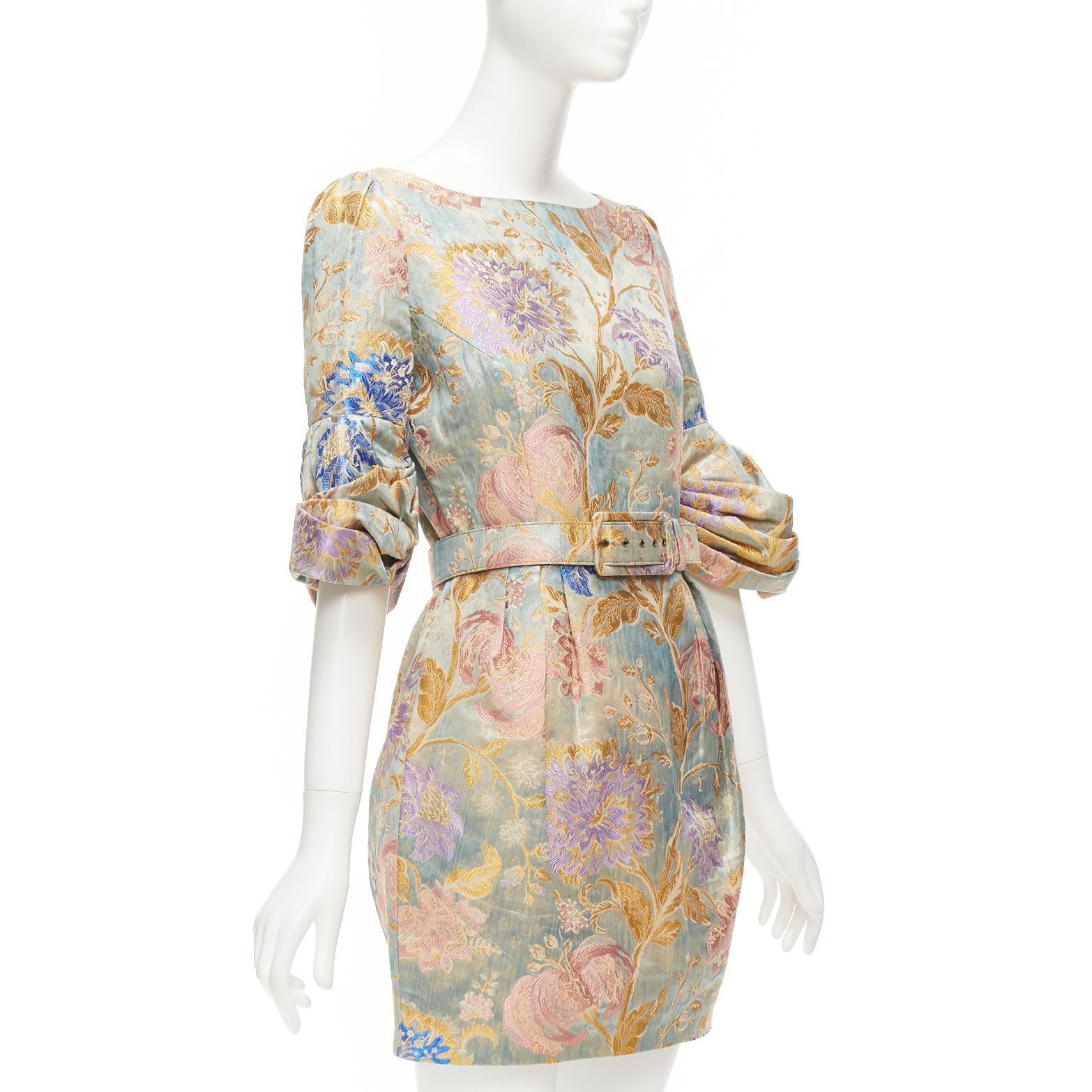 Beige ANDREW GN pastels floral lurex jacquard ruched sleeve belted dress FR38 M For Sale