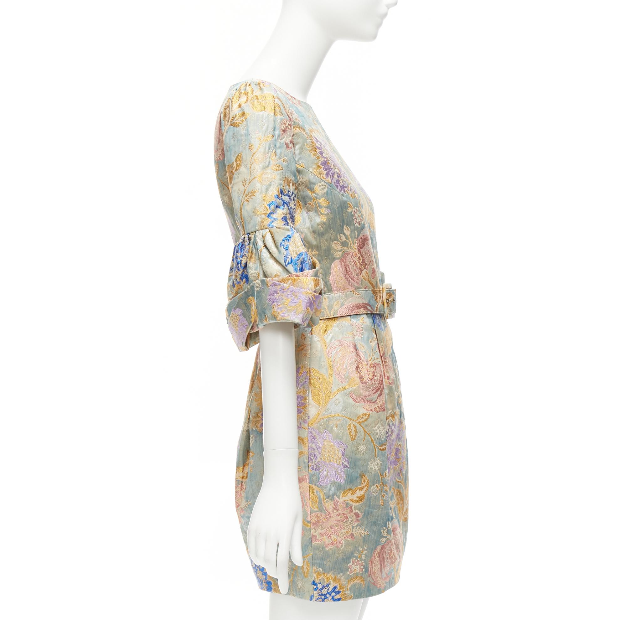 Women's ANDREW GN pastels floral lurex jacquard ruched sleeve belted dress FR38 M For Sale