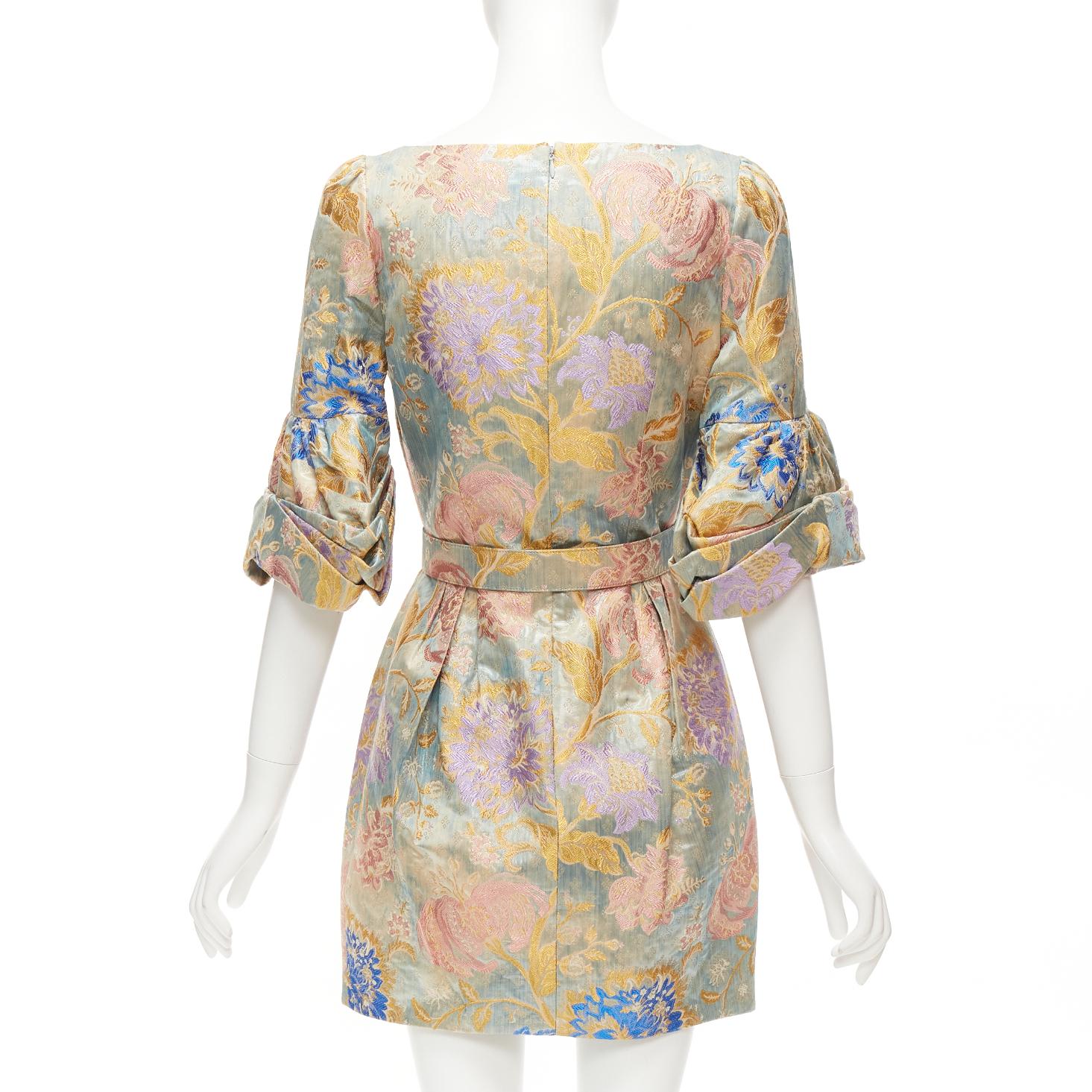 Women's ANDREW GN pastels floral lurex jacquard ruched sleeve belted dress FR38 M For Sale