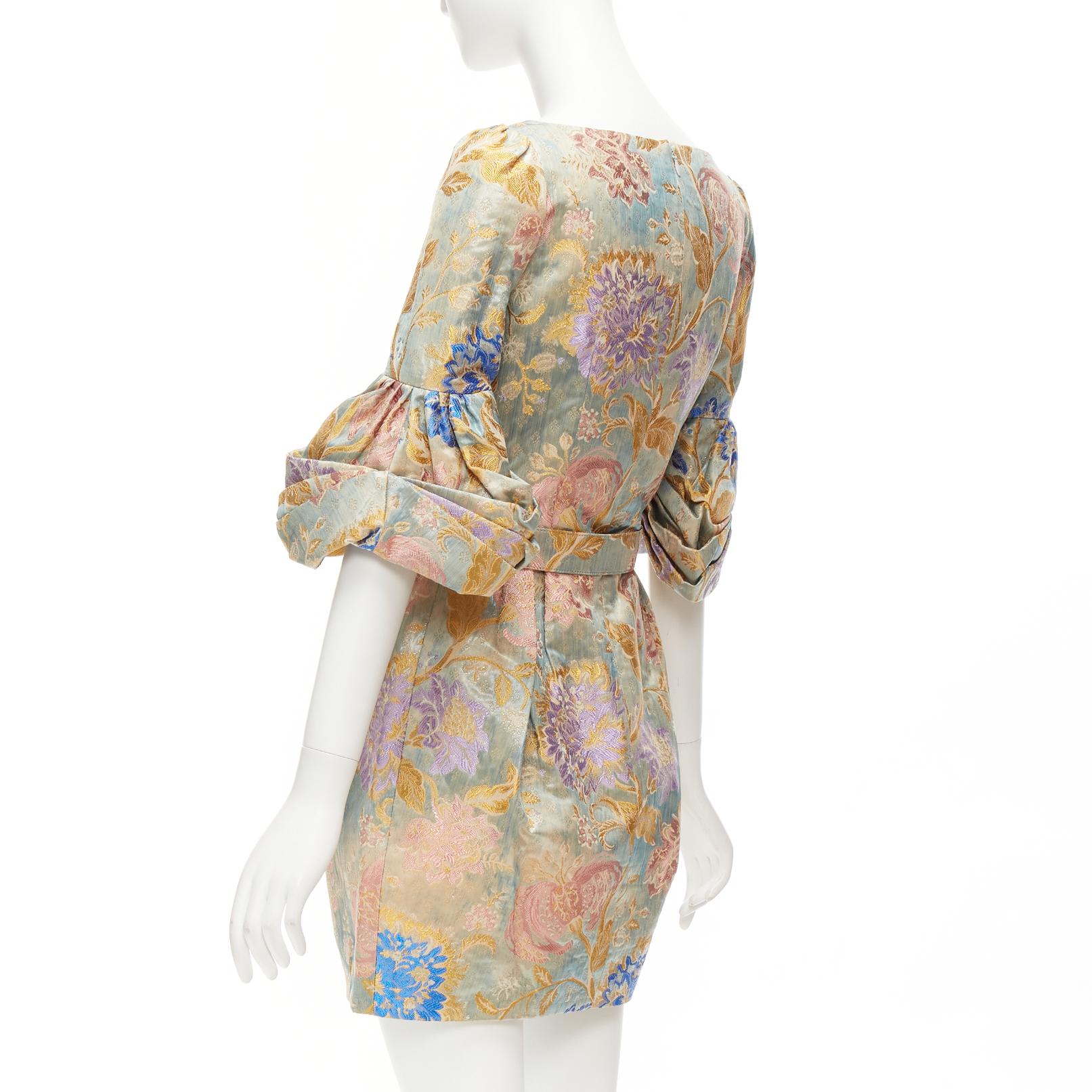 ANDREW GN pastels floral lurex jacquard ruched sleeve belted dress FR38 M For Sale 2